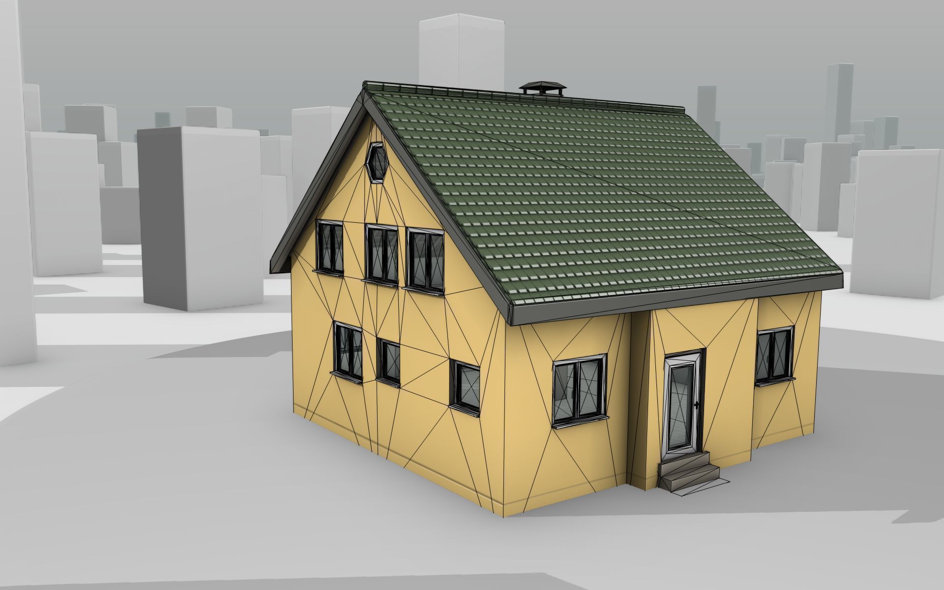City House - 33 - Half-Double-House - Roof green - Wall yellow Low-poly 3D model_18