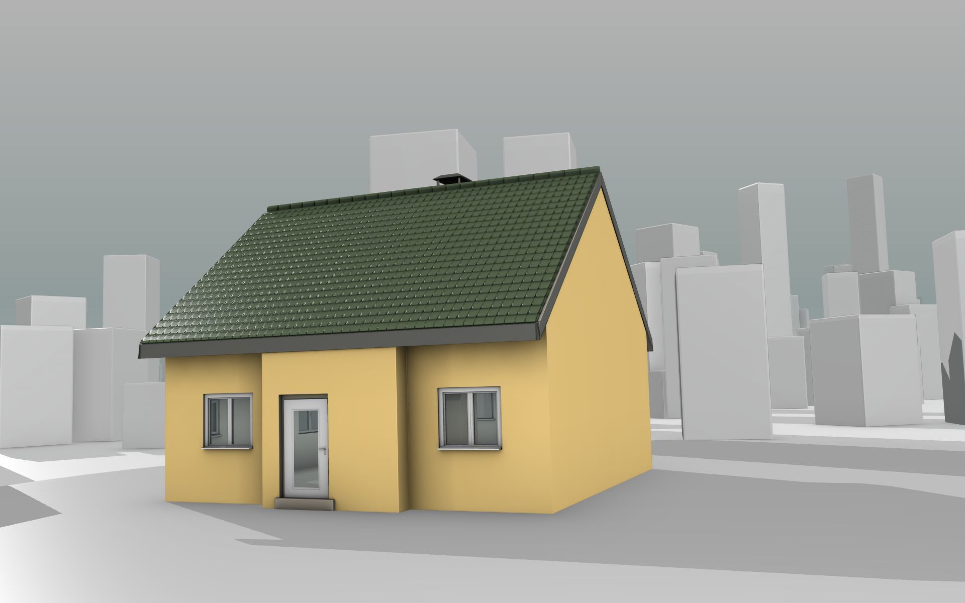 City House - 33 - Half-Double-House - Roof green - Wall yellow Low-poly 3D model_13