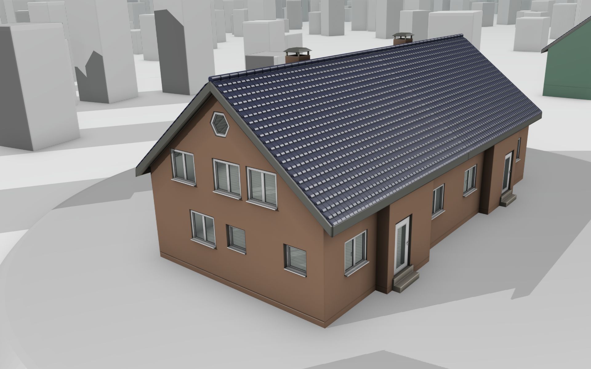 City House -25- Double-House - Roof blue - Wall brown Low-poly 3D model_35