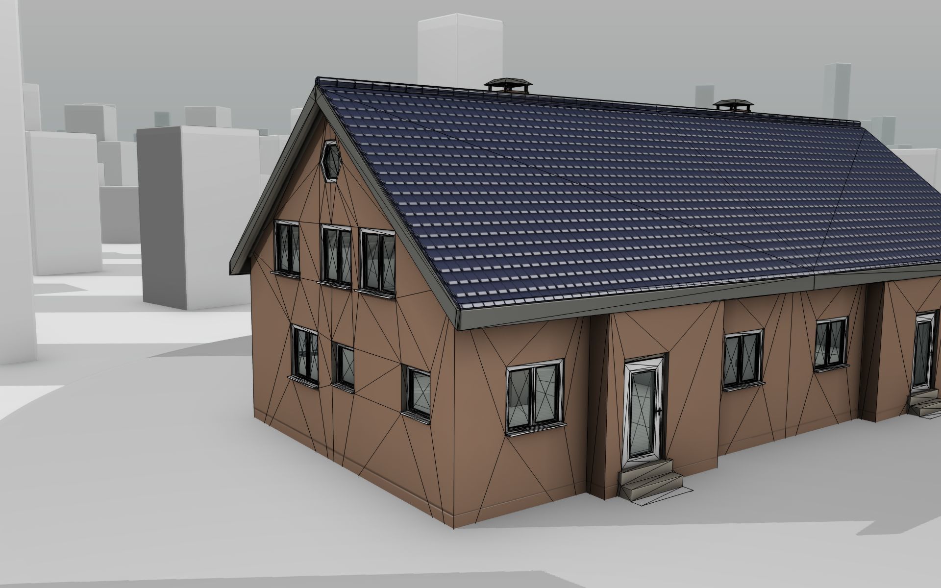 City House -25- Double-House - Roof blue - Wall brown Low-poly 3D model_20