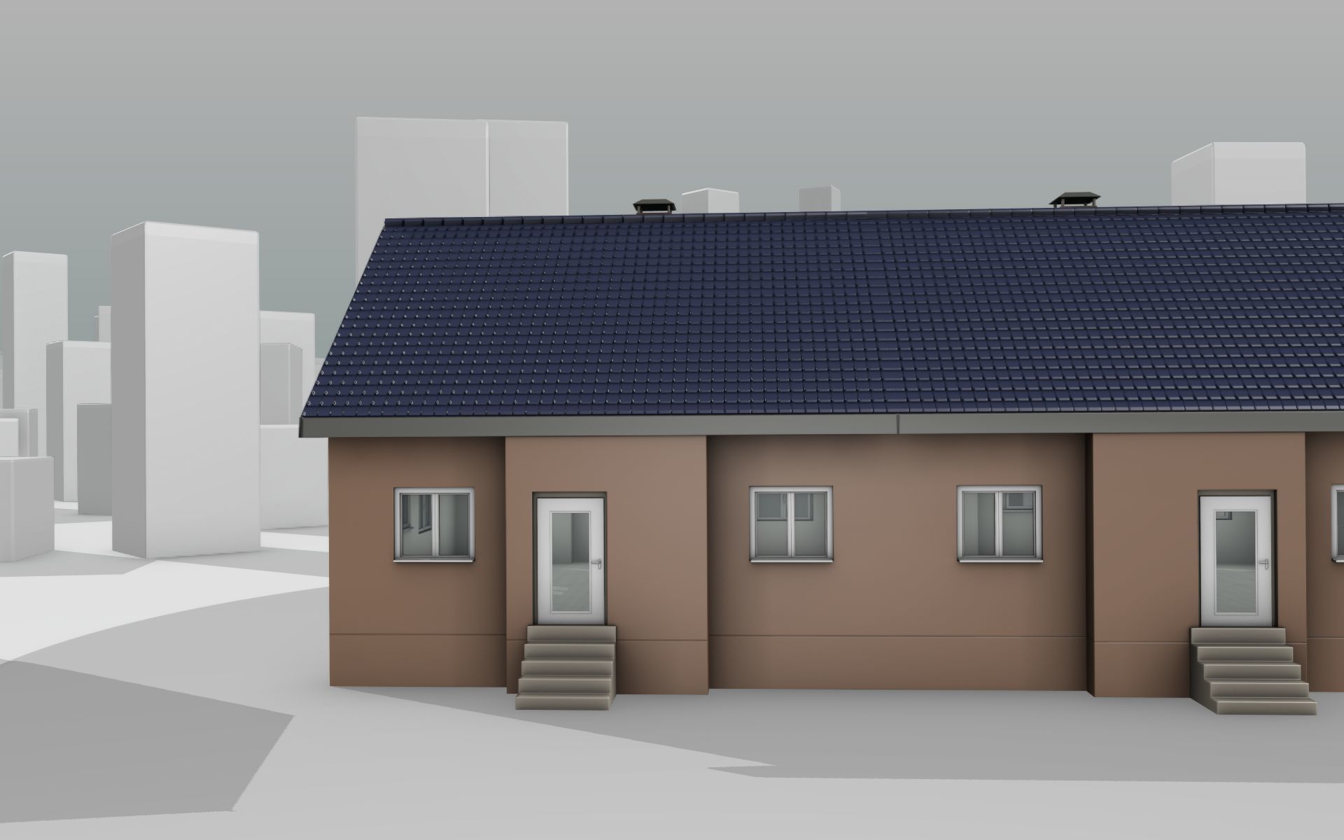 City House -25- Double-House - Roof blue - Wall brown Low-poly 3D model_32