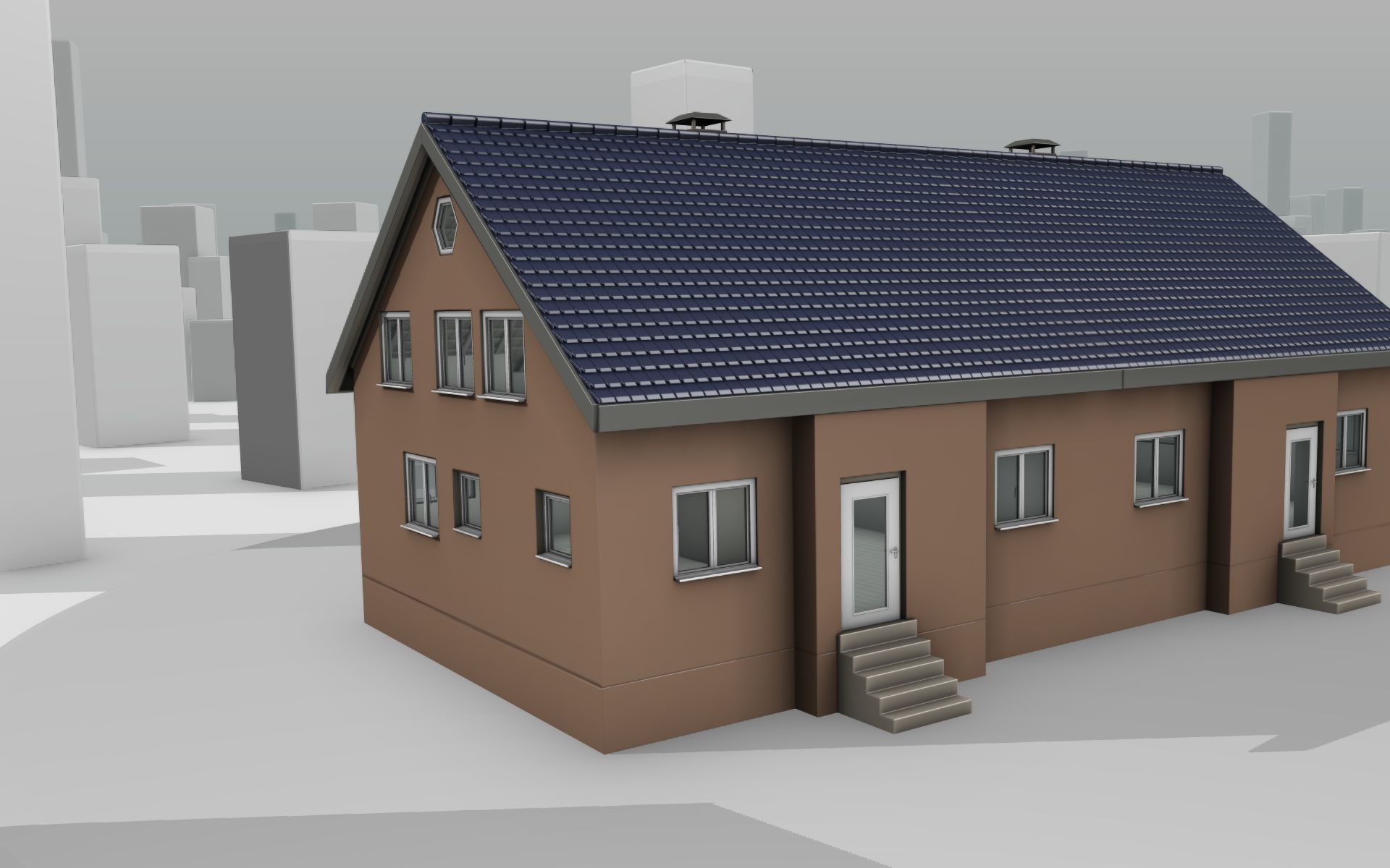 City House -25- Double-House - Roof blue - Wall brown Low-poly 3D model_4
