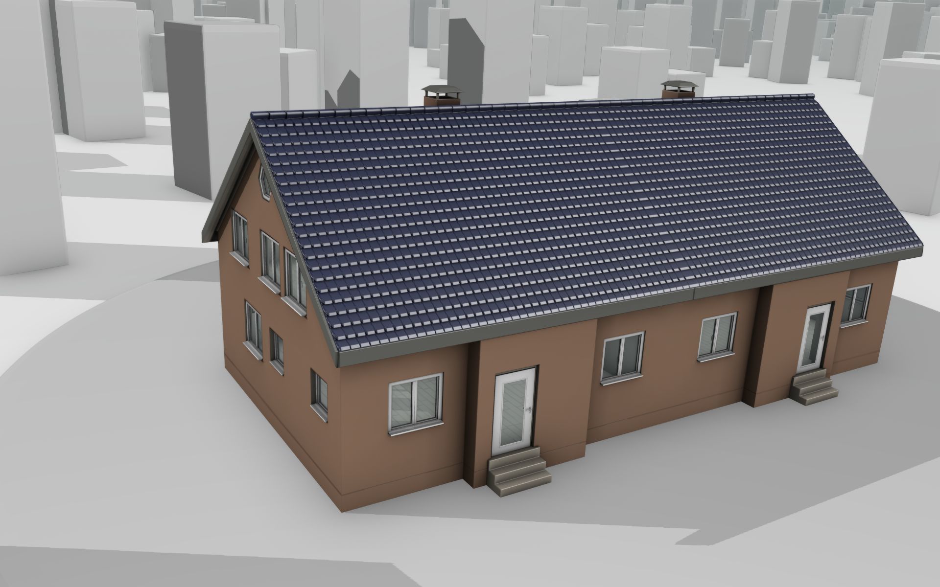 City House -25- Double-House - Roof blue - Wall brown Low-poly 3D model_34