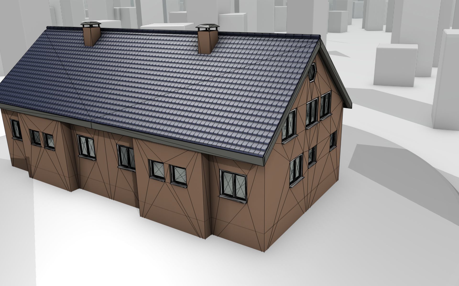 City House -25- Double-House - Roof blue - Wall brown Low-poly 3D model_17
