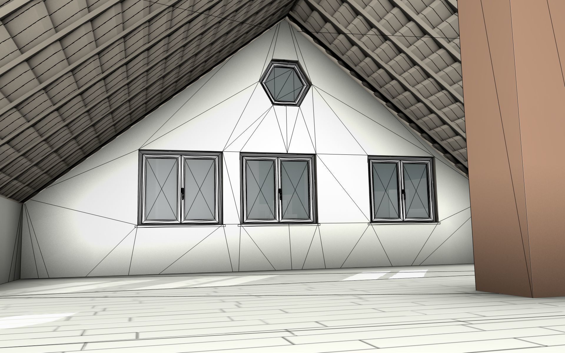 City House -25- Double-House - Roof blue - Wall brown Low-poly 3D model_23