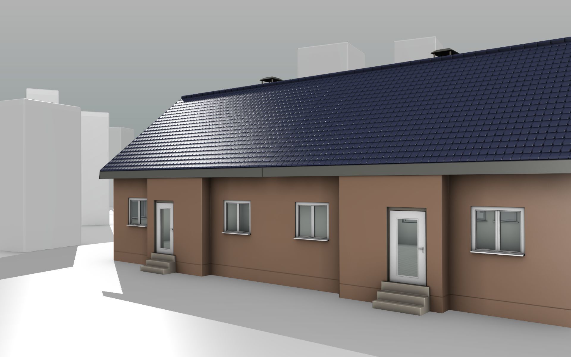 City House -25- Double-House - Roof blue - Wall brown Low-poly 3D model_12