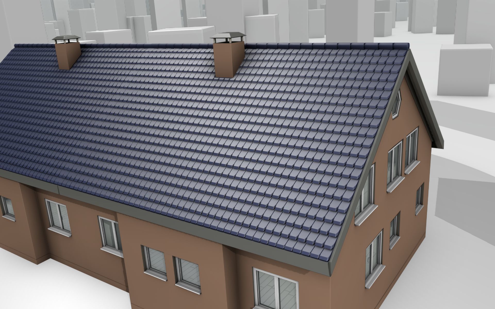 City House -25- Double-House - Roof blue - Wall brown Low-poly 3D model_42