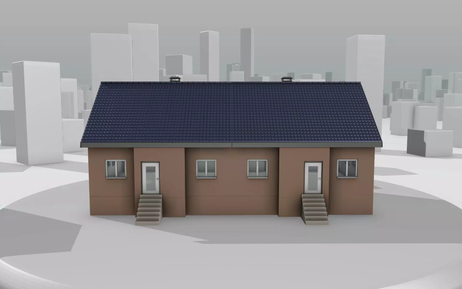 City House -25- Double-House - Roof blue - Wall brown Low-poly 3D model_0