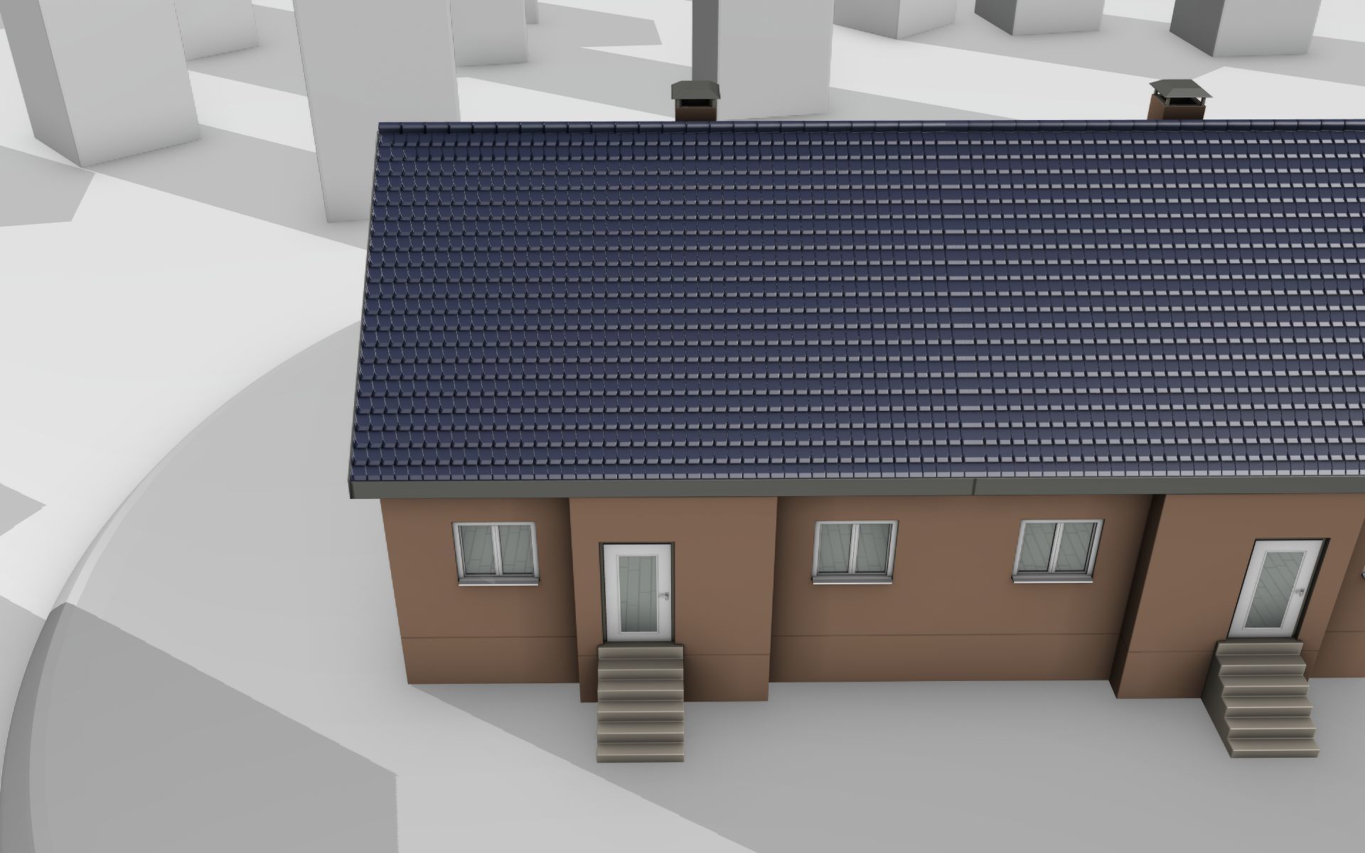 City House -25- Double-House - Roof blue - Wall brown Low-poly 3D model_2