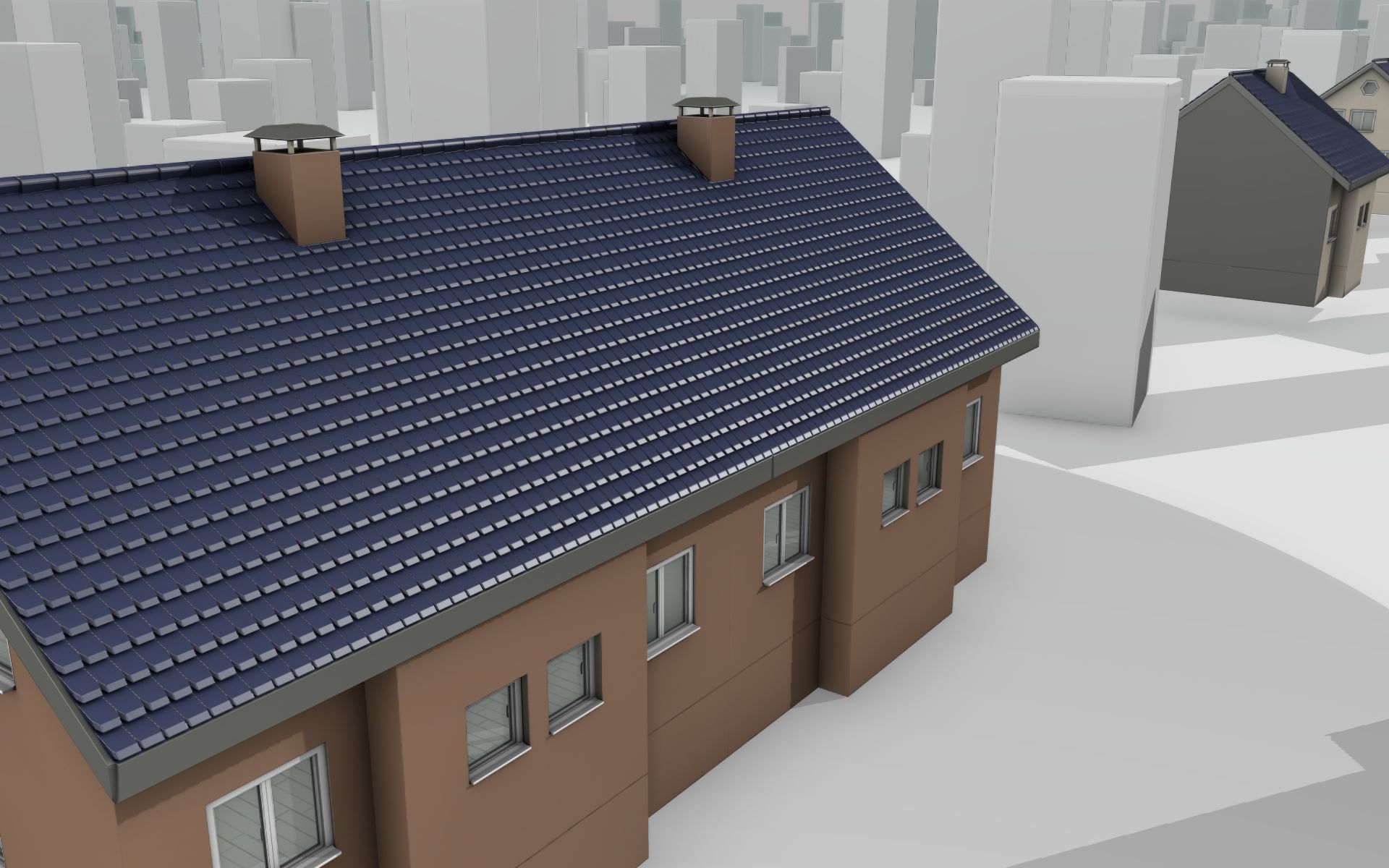 City House -25- Double-House - Roof blue - Wall brown Low-poly 3D model_3