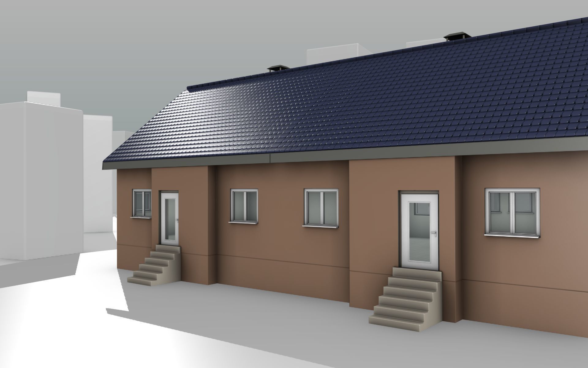 City House -25- Double-House - Roof blue - Wall brown Low-poly 3D model_9