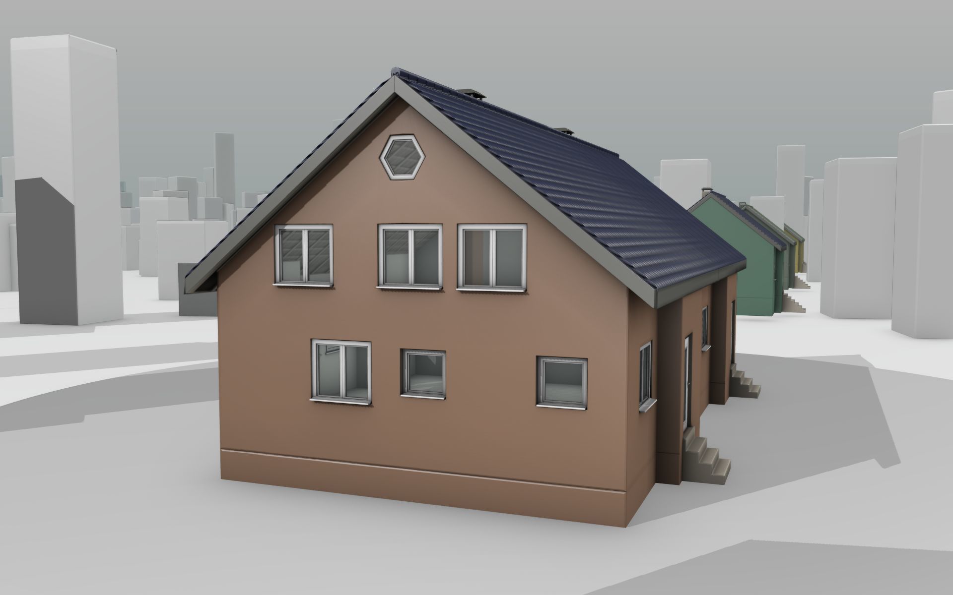 City House -25- Double-House - Roof blue - Wall brown Low-poly 3D model_5