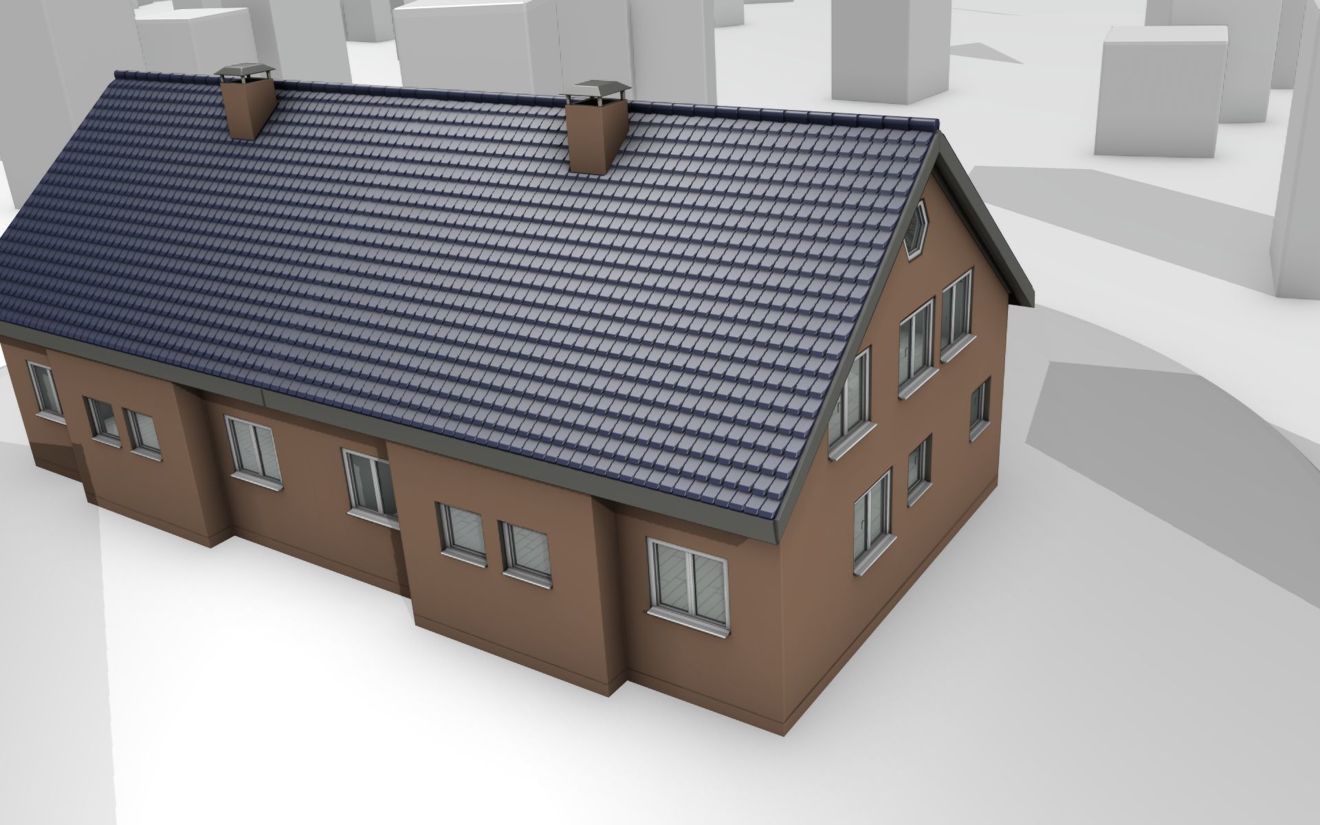 City House -25- Double-House - Roof blue - Wall brown Low-poly 3D model_7