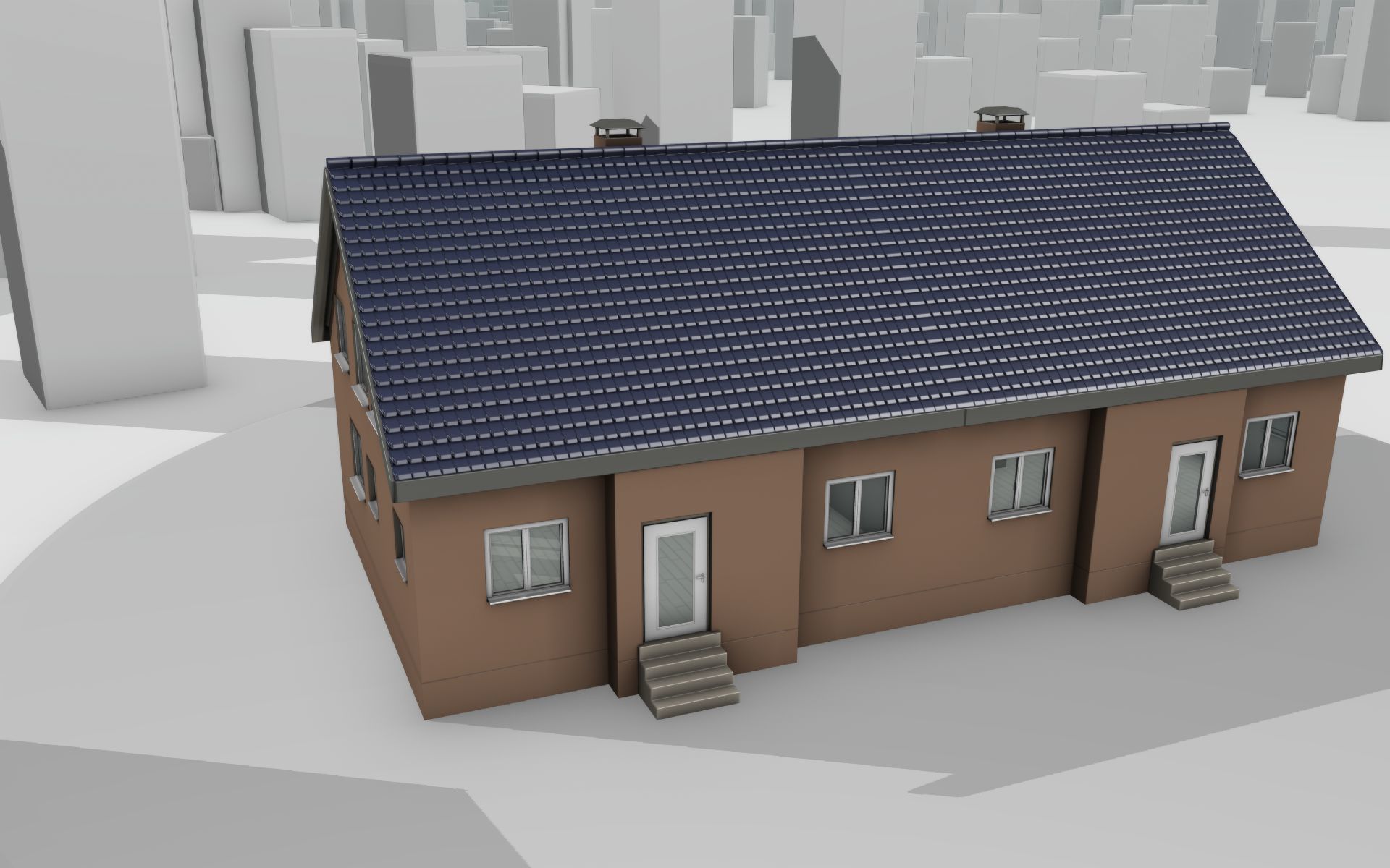 City House -25- Double-House - Roof blue - Wall brown Low-poly 3D model_33