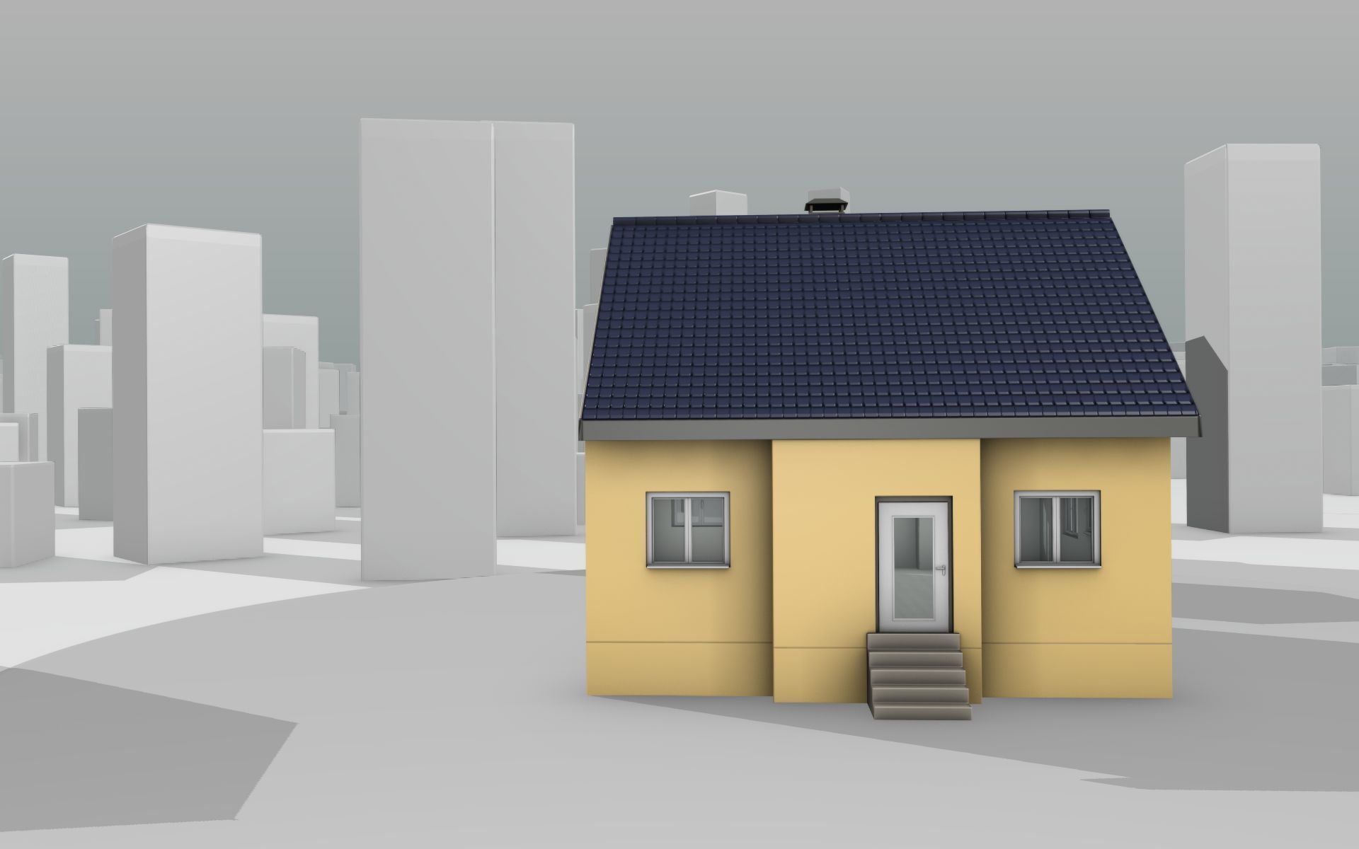City House -20- Half-Double-House - Roof blue- Wall stongyellow Low-poly 3D model_26