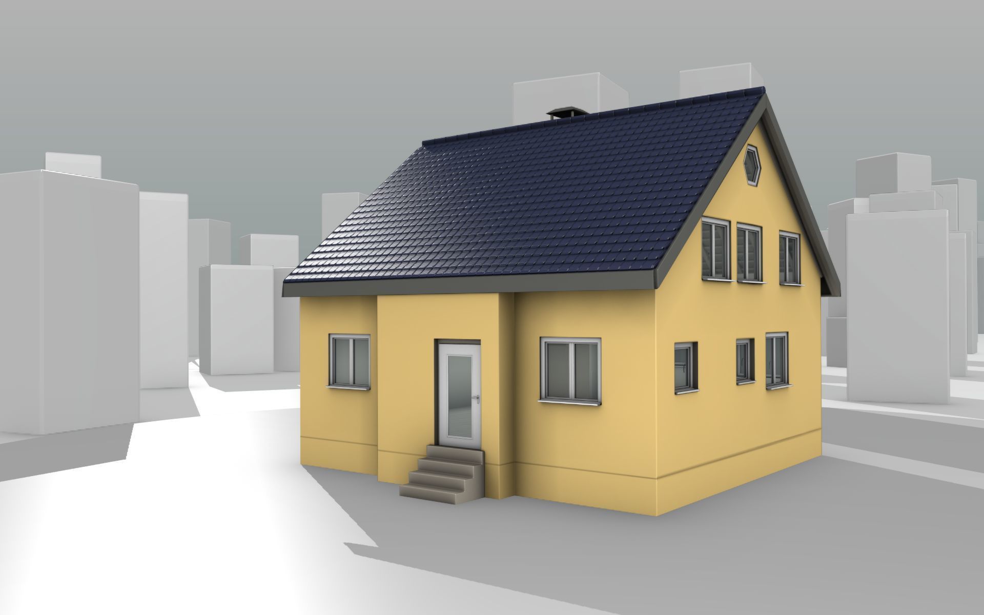 City House -20- Half-Double-House - Roof blue- Wall stongyellow Low-poly 3D model_12