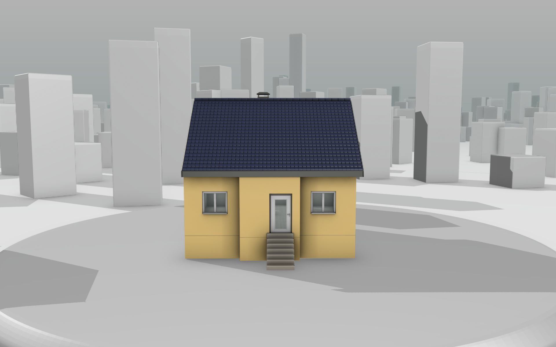 City House -20- Half-Double-House - Roof blue- Wall stongyellow Low-poly 3D model_5
