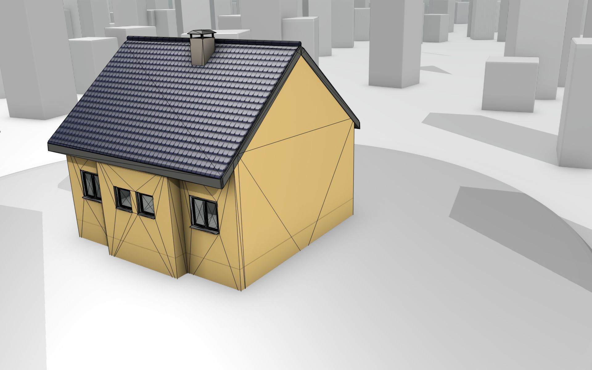 City House -20- Half-Double-House - Roof blue- Wall stongyellow Low-poly 3D model_18