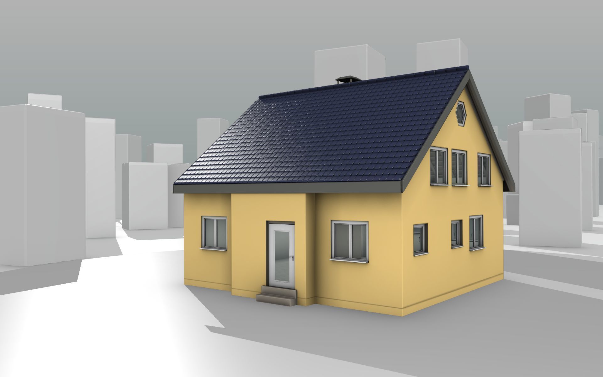 City House -20- Half-Double-House - Roof blue- Wall stongyellow Low-poly 3D model_14