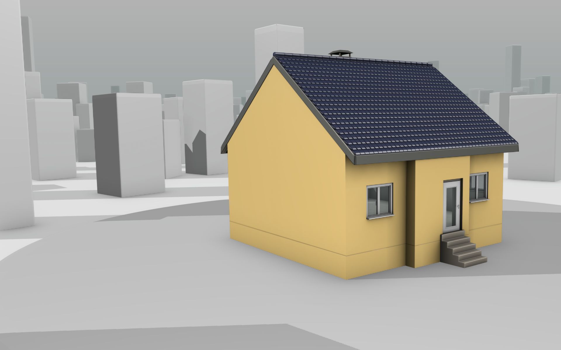 City House -20- Half-Double-House - Roof blue- Wall stongyellow Low-poly 3D model_6