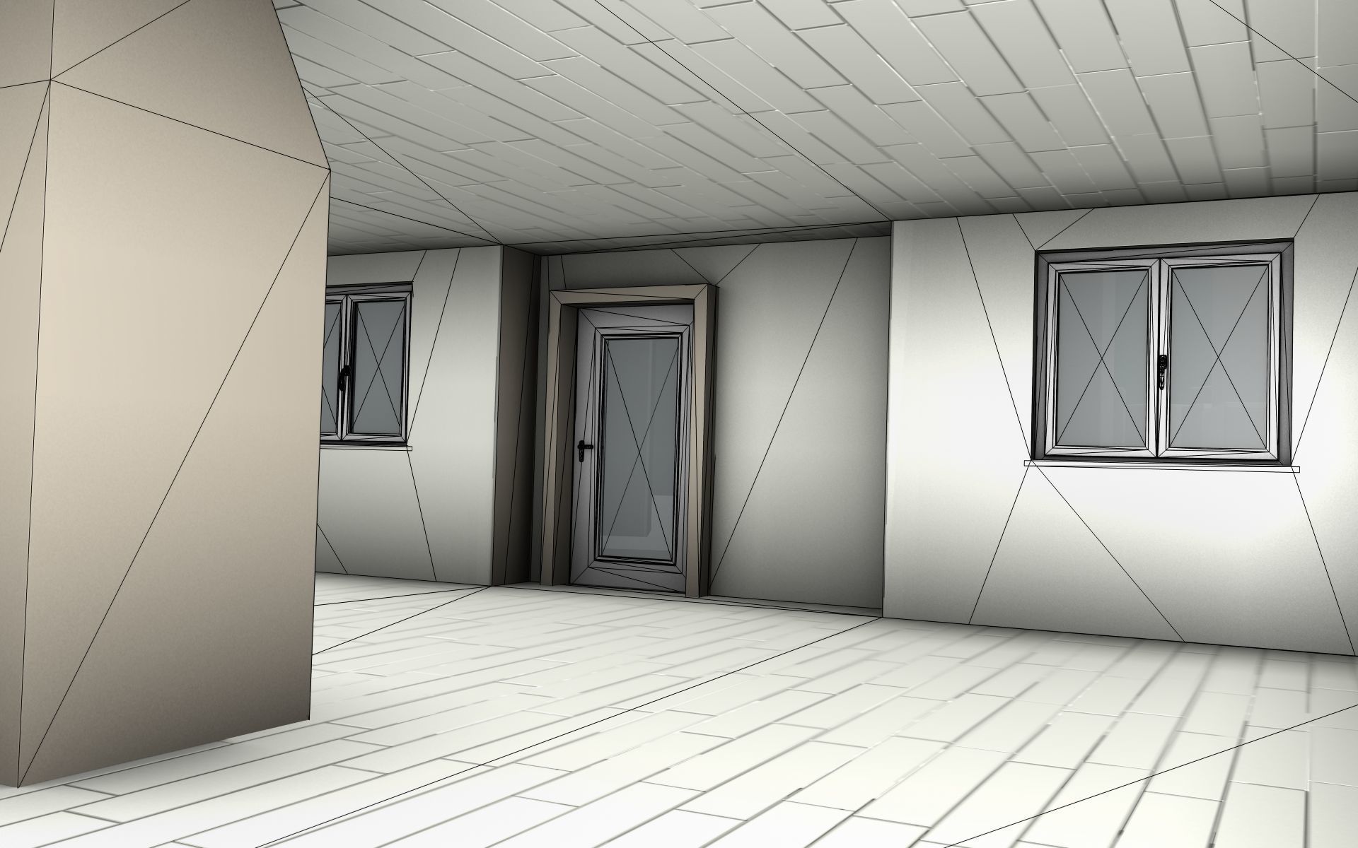 City House -20- Half-Double-House - Roof blue- Wall stongyellow Low-poly 3D model_1