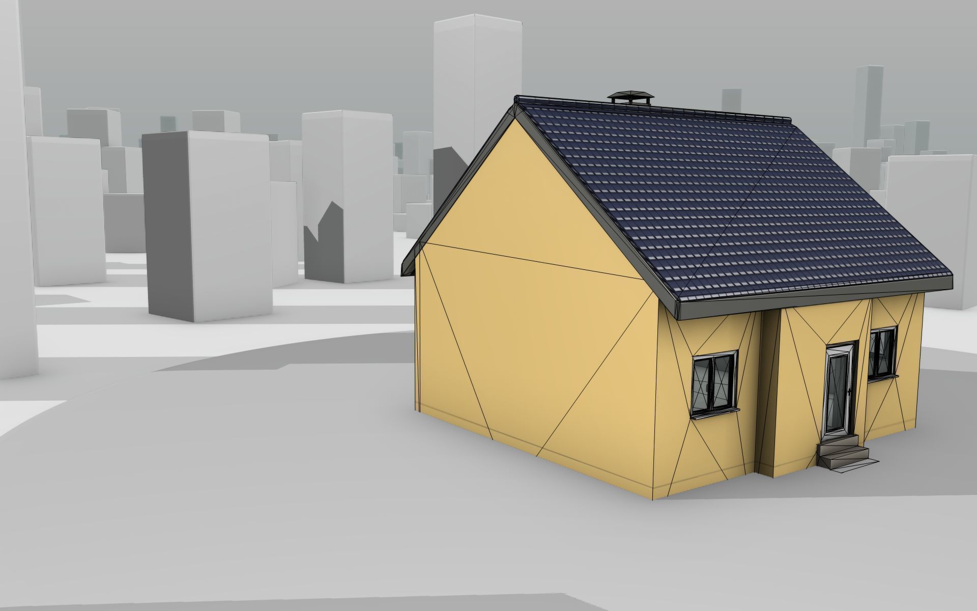 City House -20- Half-Double-House - Roof blue- Wall stongyellow Low-poly 3D model_21