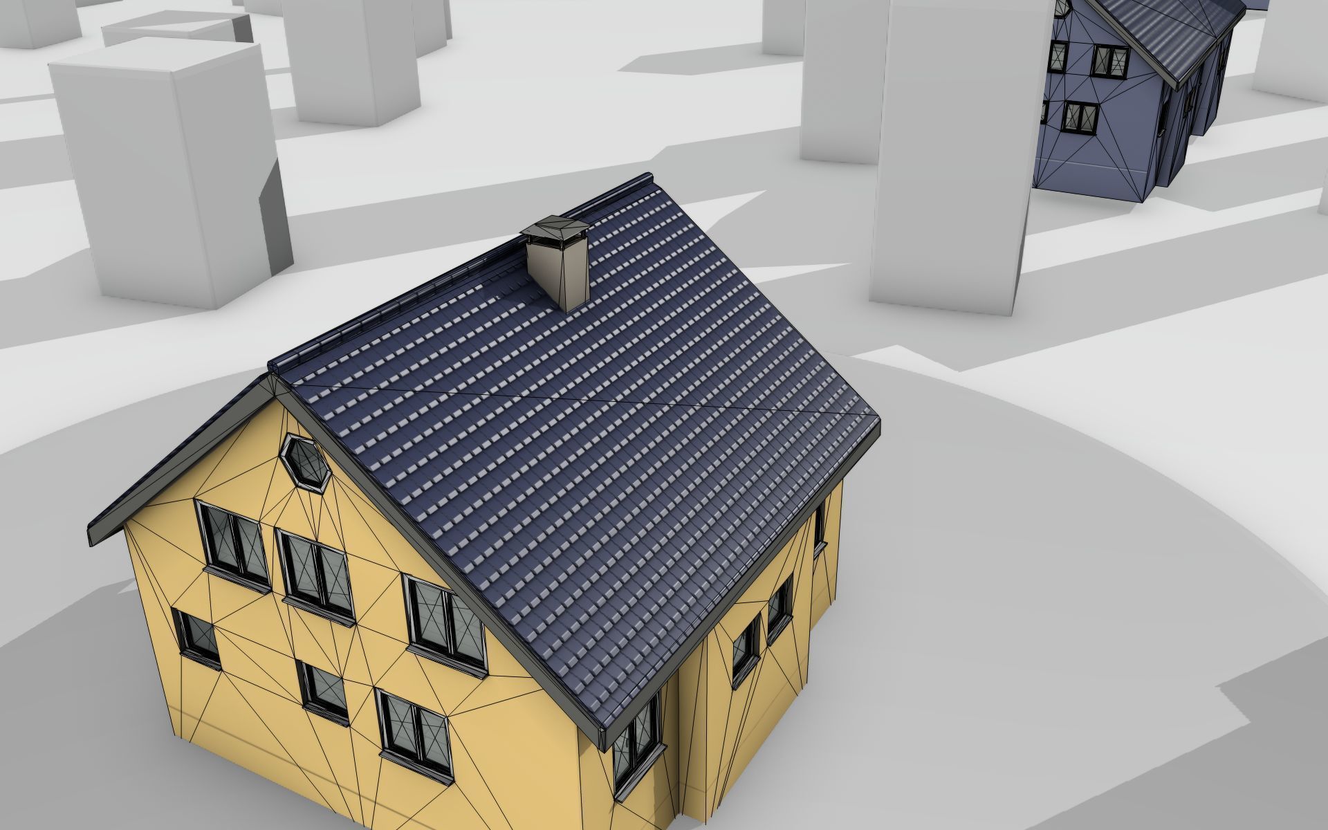 City House -20- Half-Double-House - Roof blue- Wall stongyellow Low-poly 3D model_22