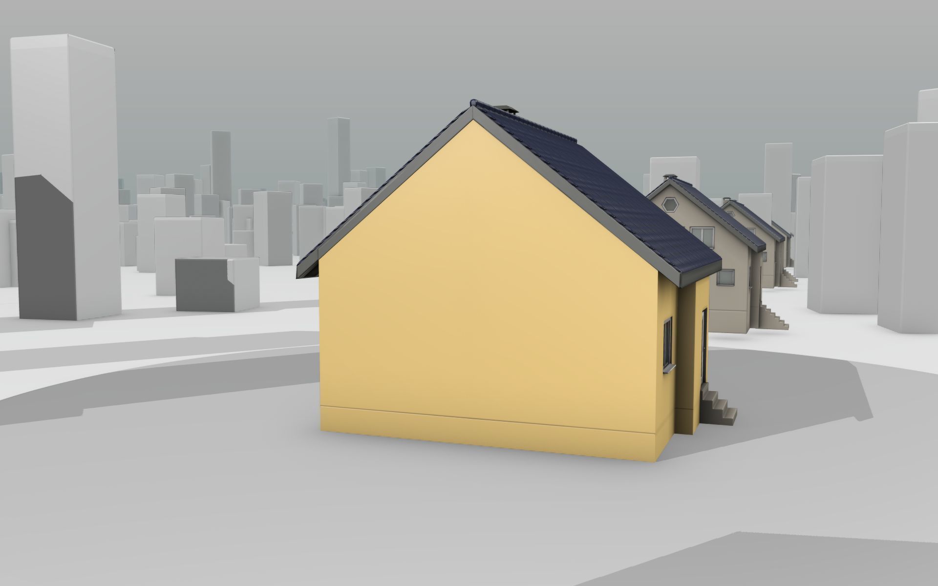 City House -20- Half-Double-House - Roof blue- Wall stongyellow Low-poly 3D model_8