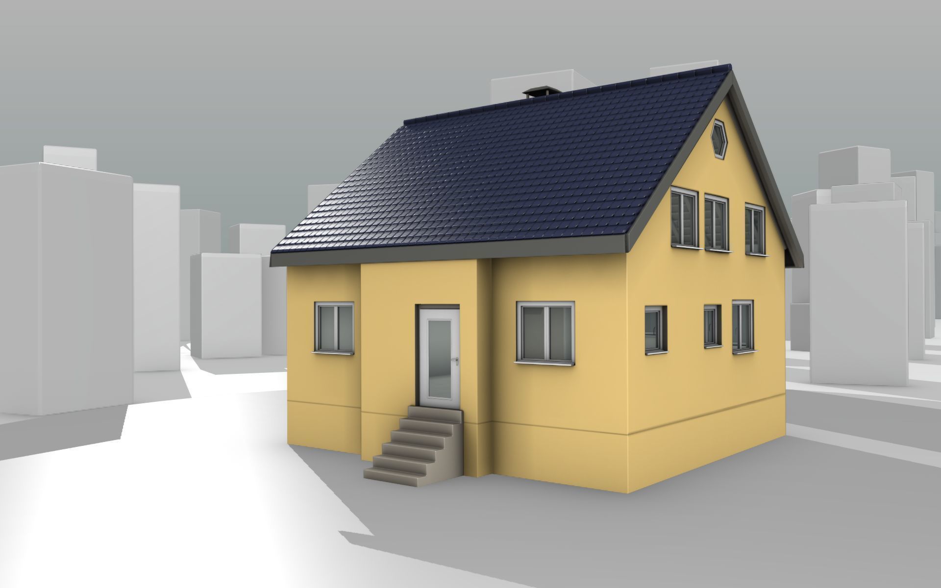 City House -20- Half-Double-House - Roof blue- Wall stongyellow Low-poly 3D model_16