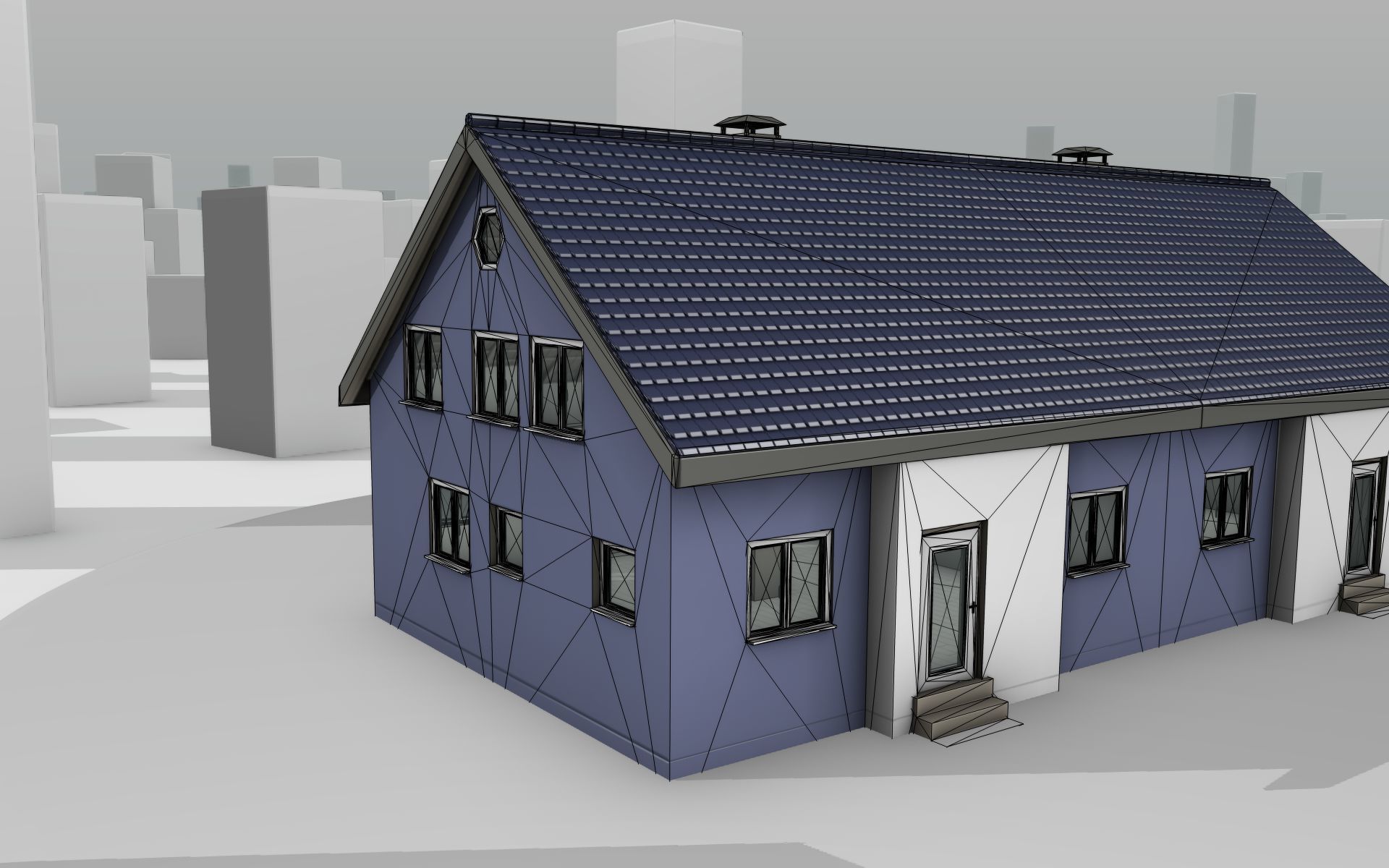 City House -19- Double-House - Roof blue - Wall blue white Low-poly 3D model_20