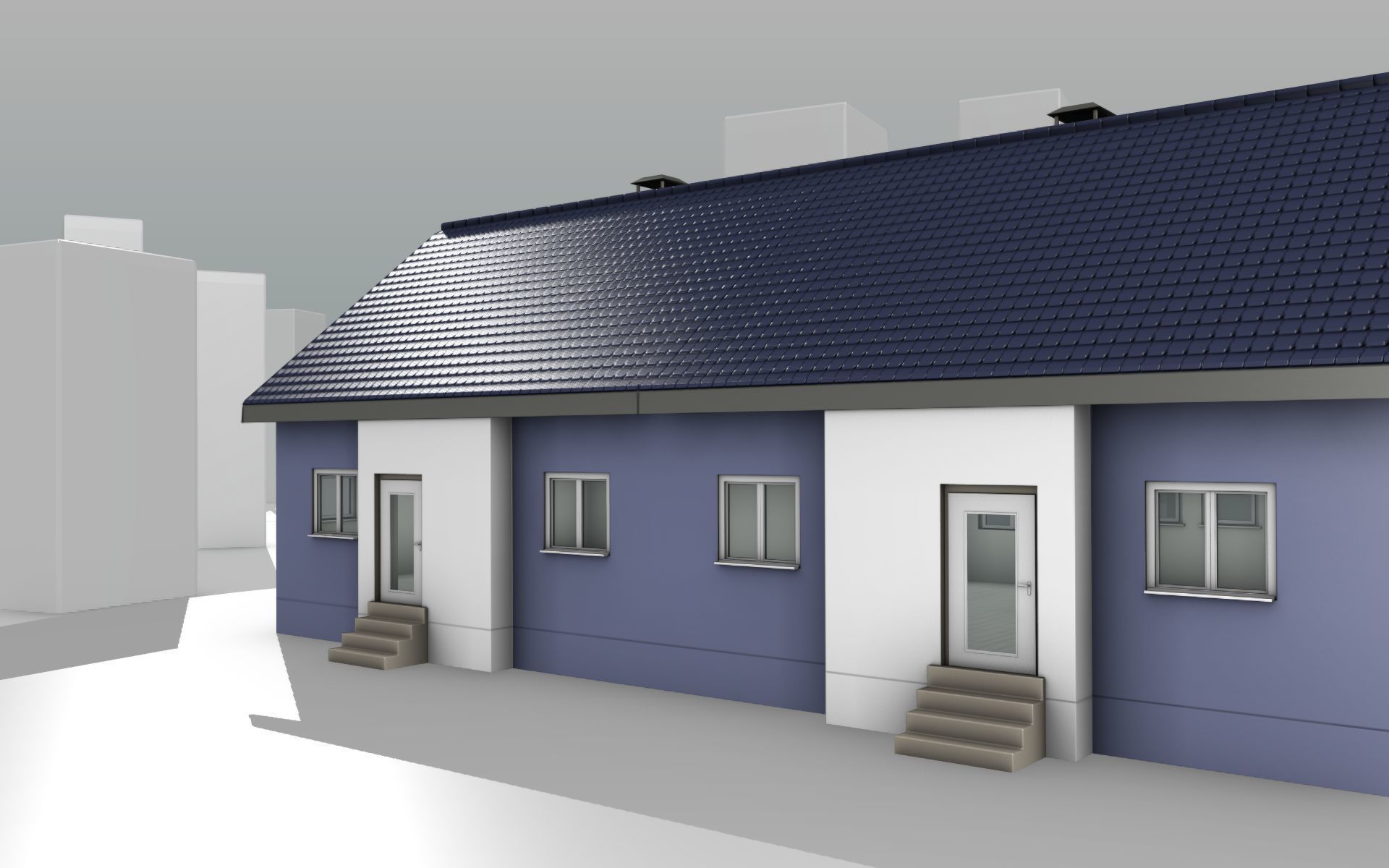 City House -19- Double-House - Roof blue - Wall blue white Low-poly 3D model_10
