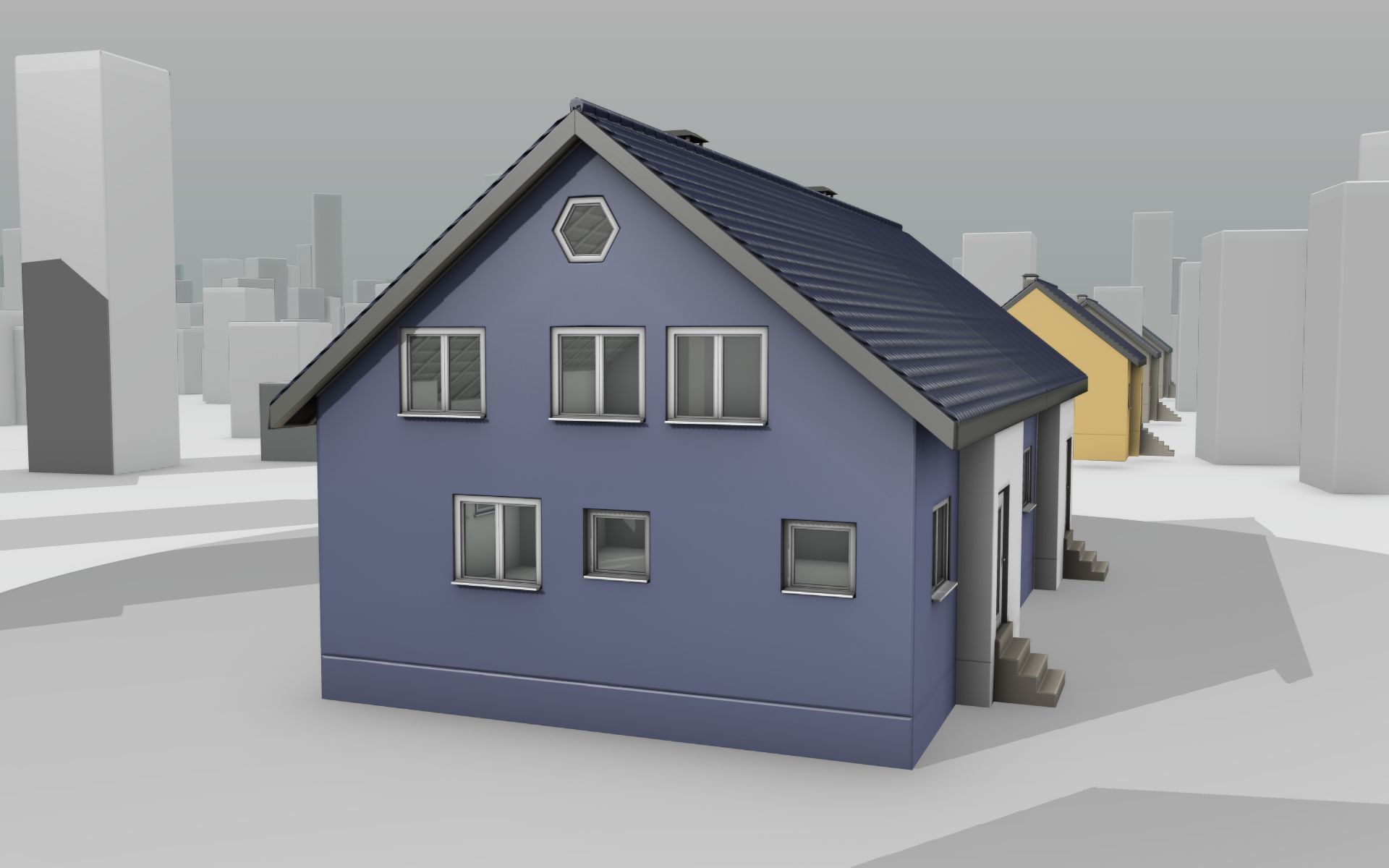 City House -19- Double-House - Roof blue - Wall blue white Low-poly 3D model_3