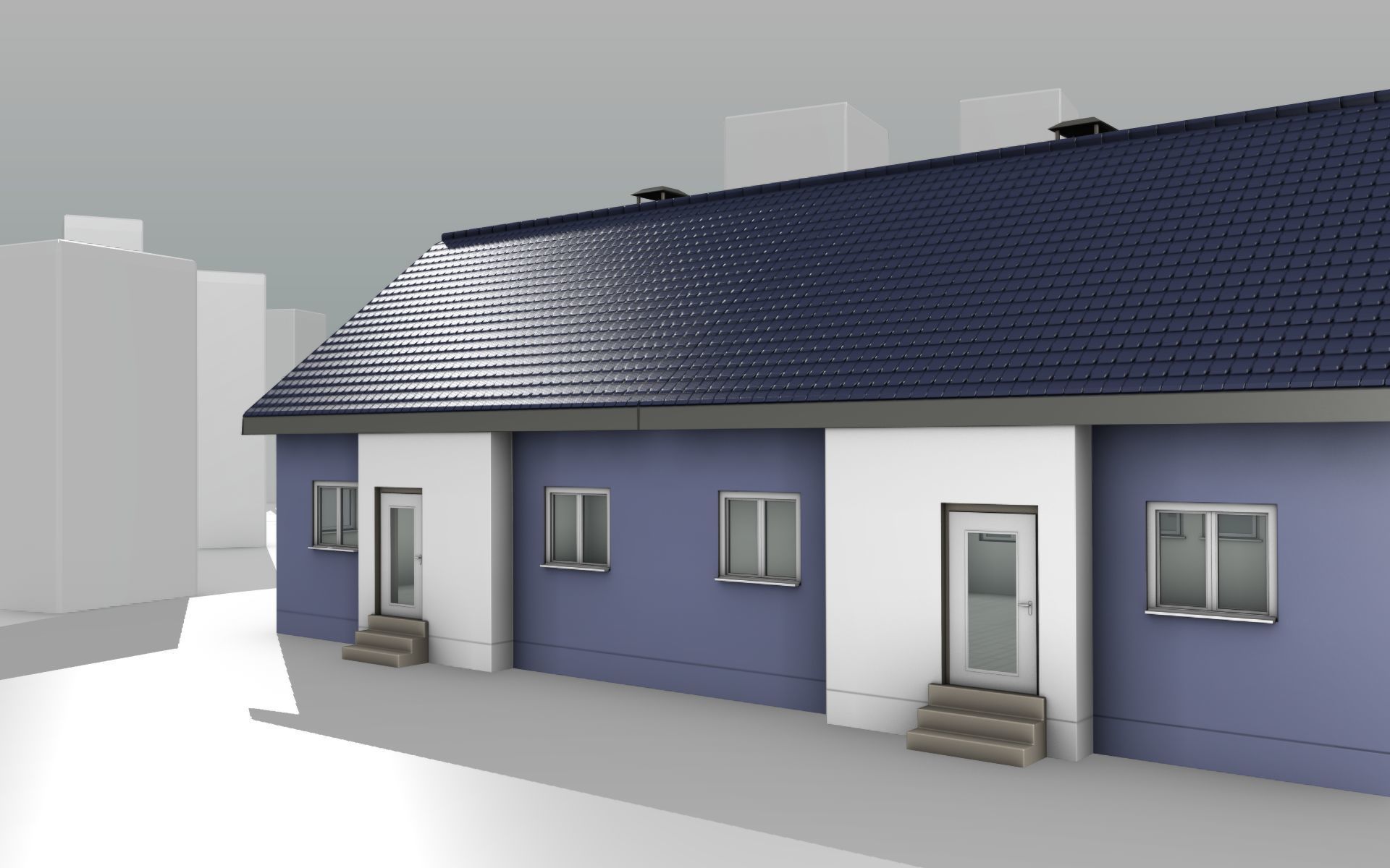 City House -19- Double-House - Roof blue - Wall blue white Low-poly 3D model_11