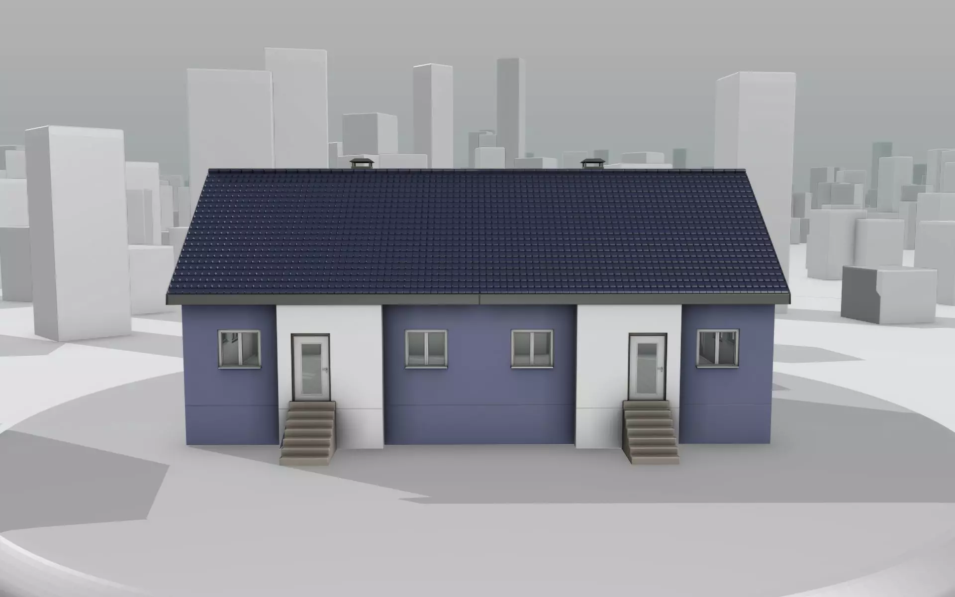 City House -19- Double-House - Roof blue - Wall blue white Low-poly 3D model_0