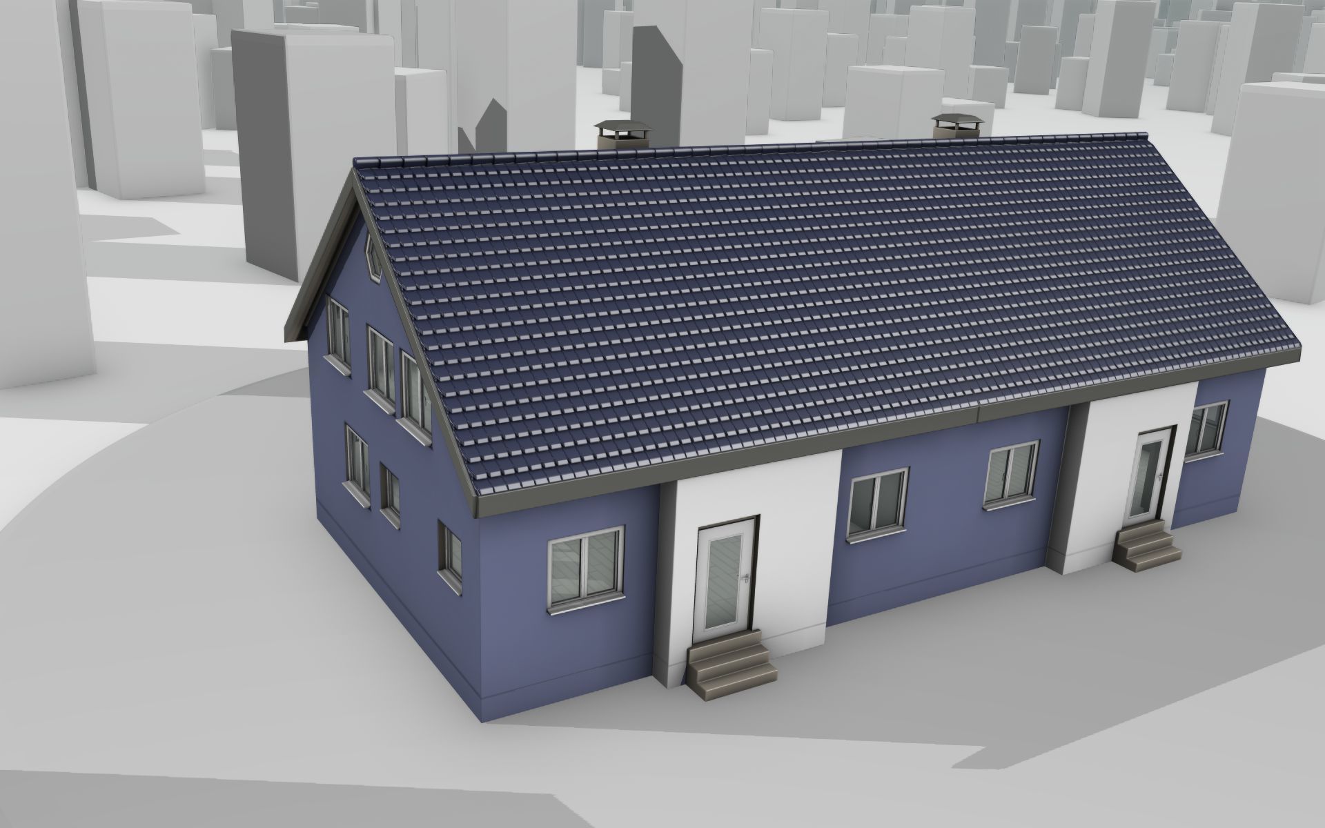 City House -19- Double-House - Roof blue - Wall blue white Low-poly 3D model_34