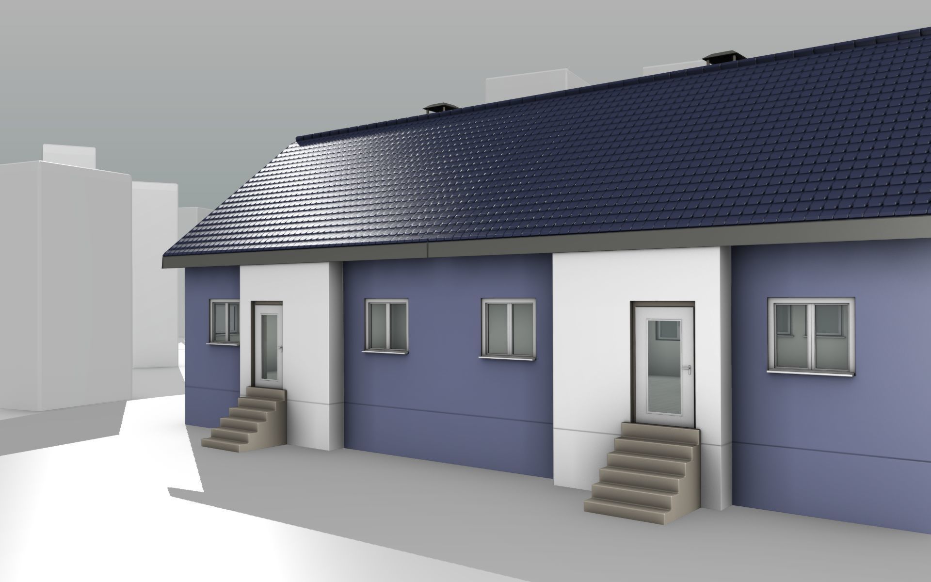 City House -19- Double-House - Roof blue - Wall blue white Low-poly 3D model_8