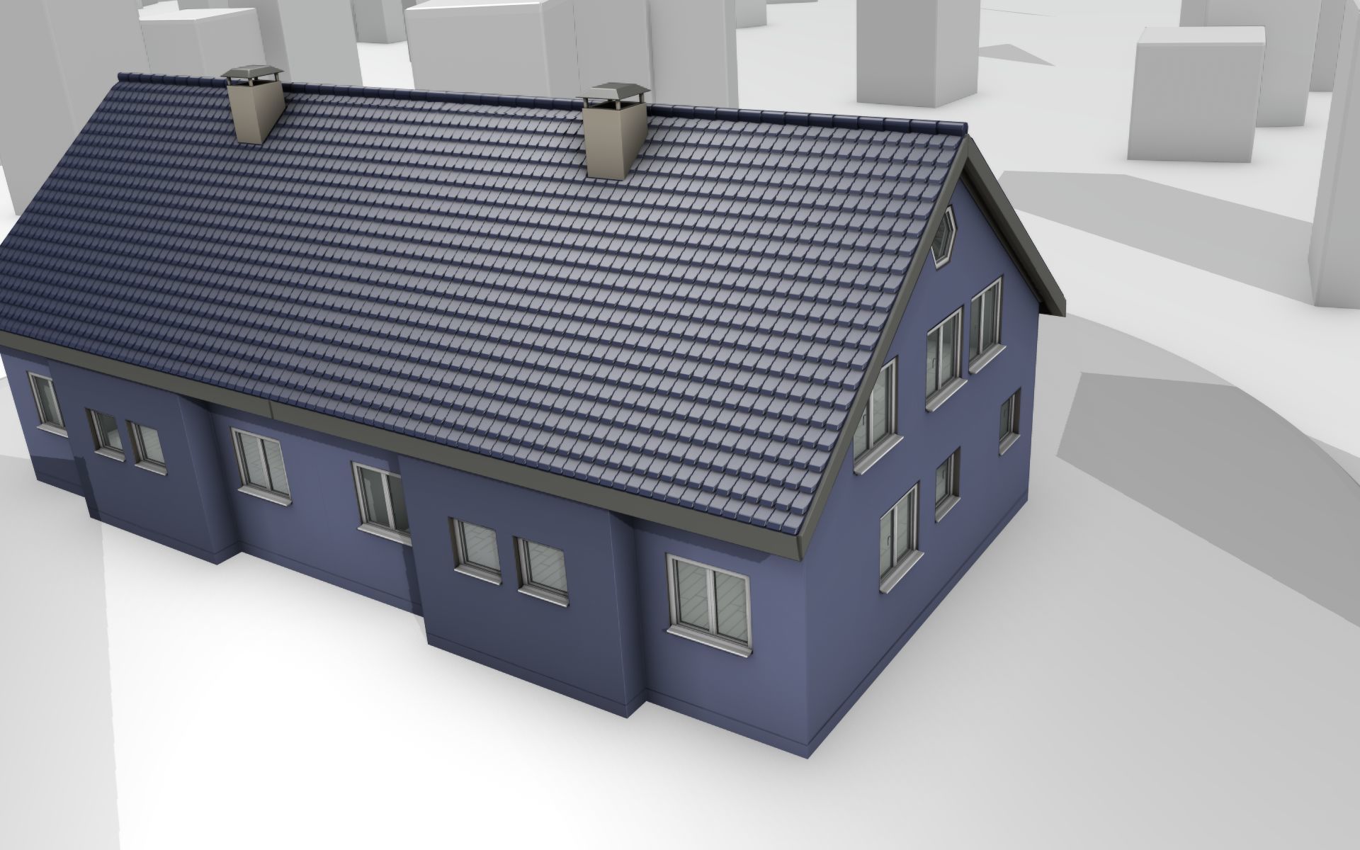 City House -19- Double-House - Roof blue - Wall blue white Low-poly 3D model_5