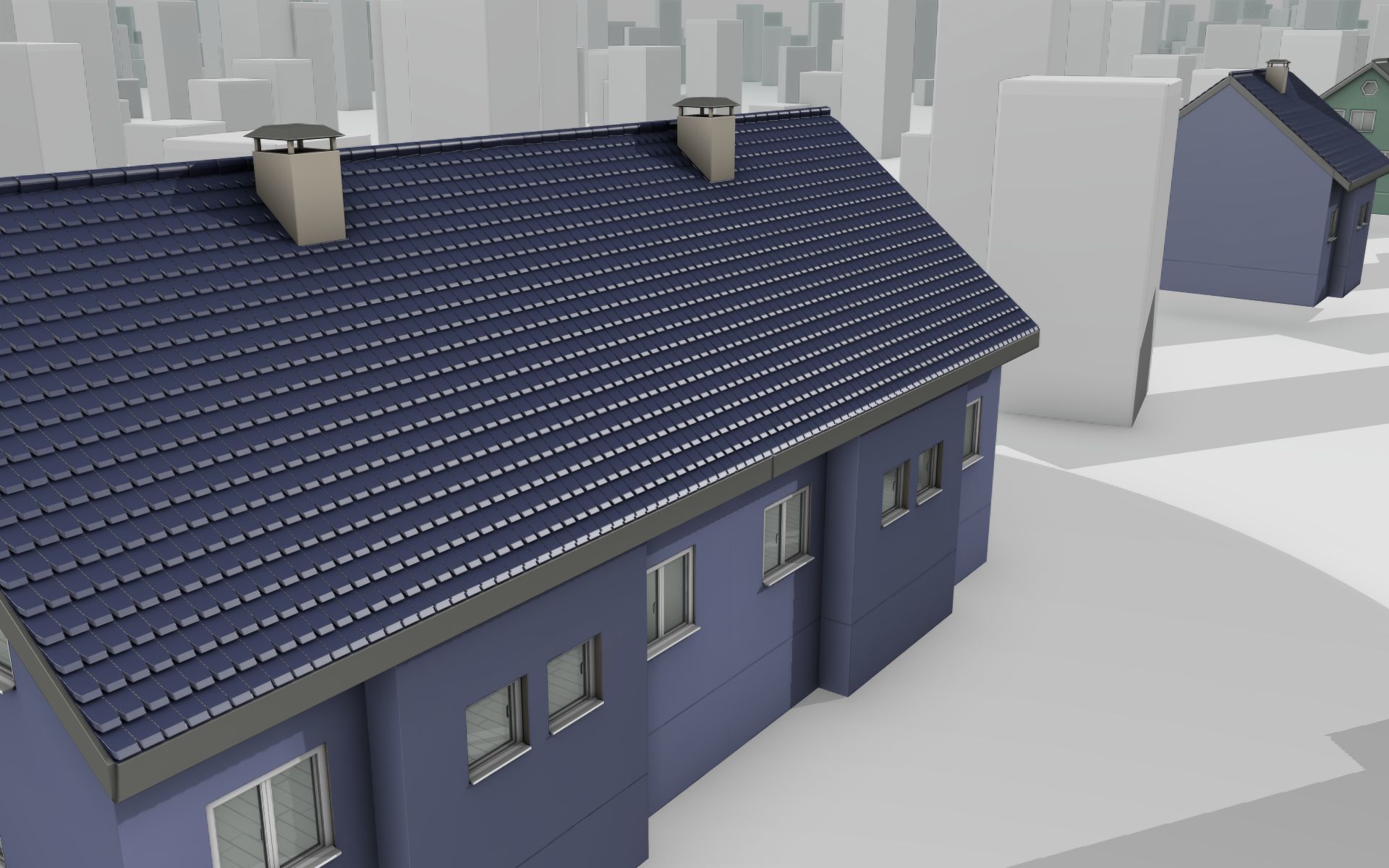 City House -19- Double-House - Roof blue - Wall blue white Low-poly 3D model_7