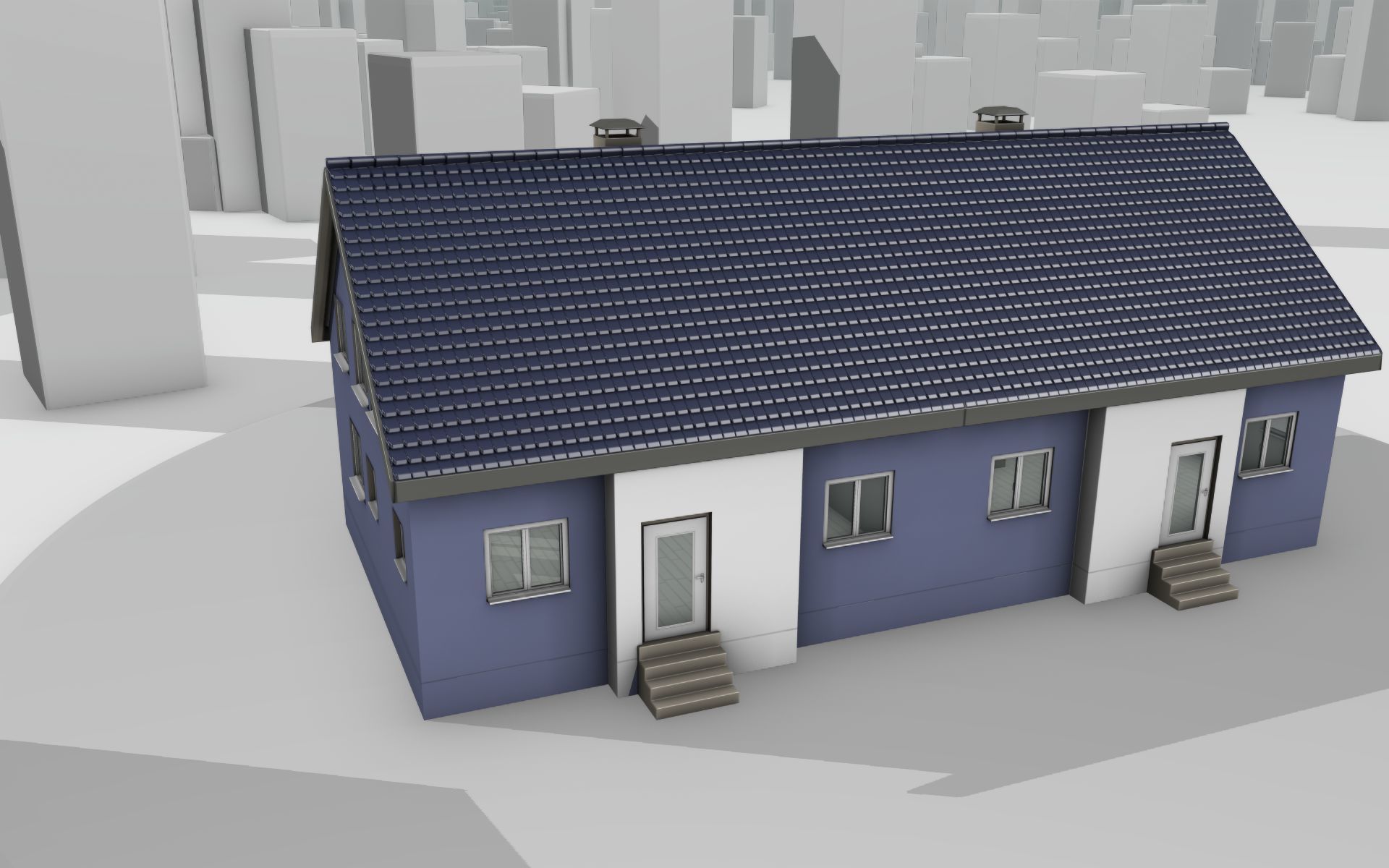 City House -19- Double-House - Roof blue - Wall blue white Low-poly 3D model_33