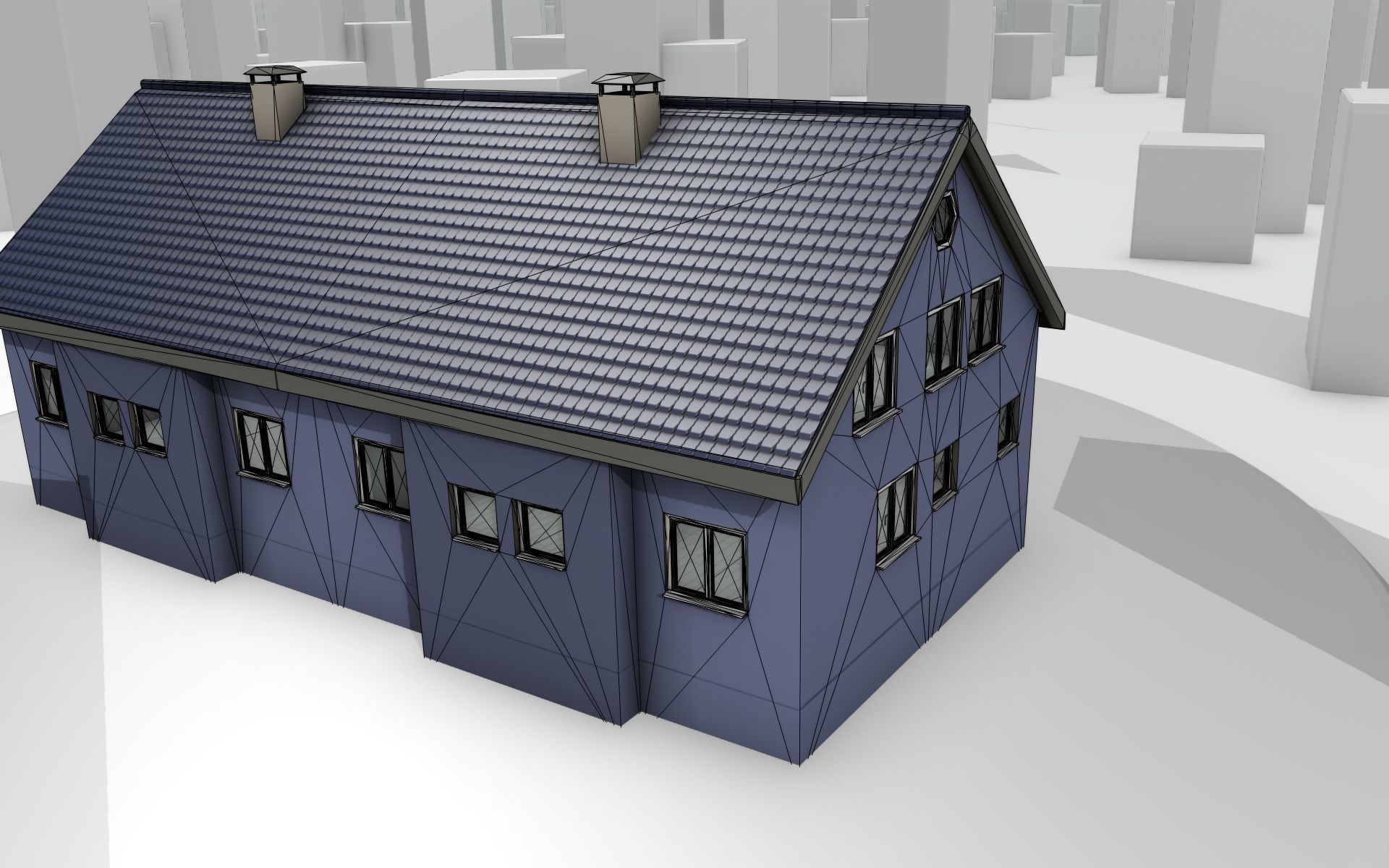 City House -19- Double-House - Roof blue - Wall blue white Low-poly 3D model_17