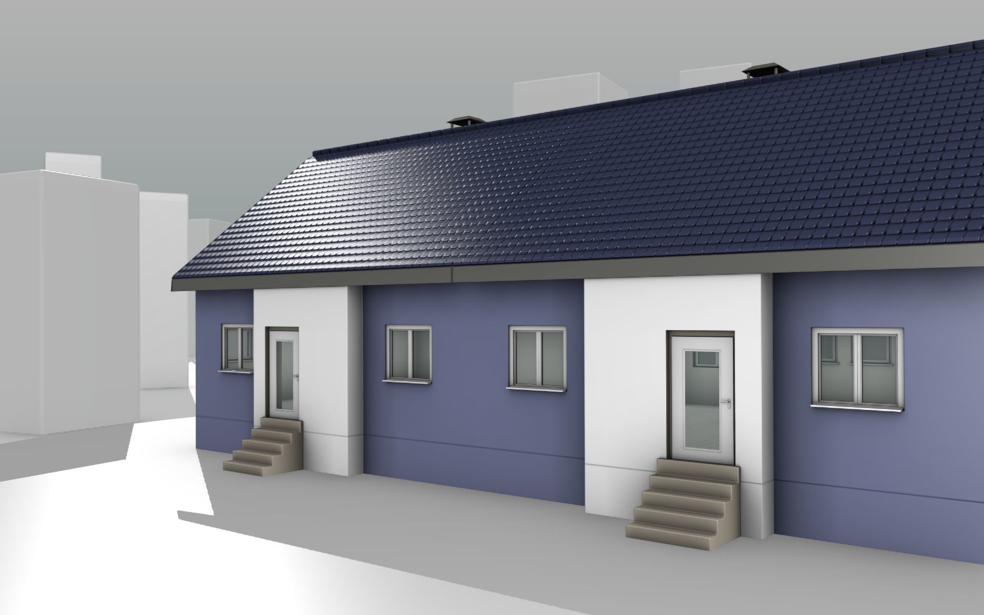 City House -19- Double-House - Roof blue - Wall blue white Low-poly 3D model_9