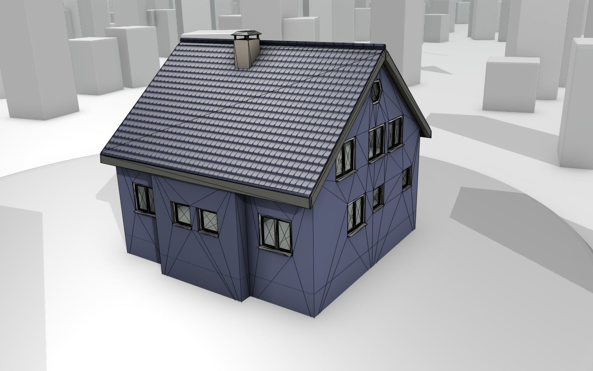 City House -18- Half-Double-House - Roof blue- Wall blue Low-poly 3D model_1