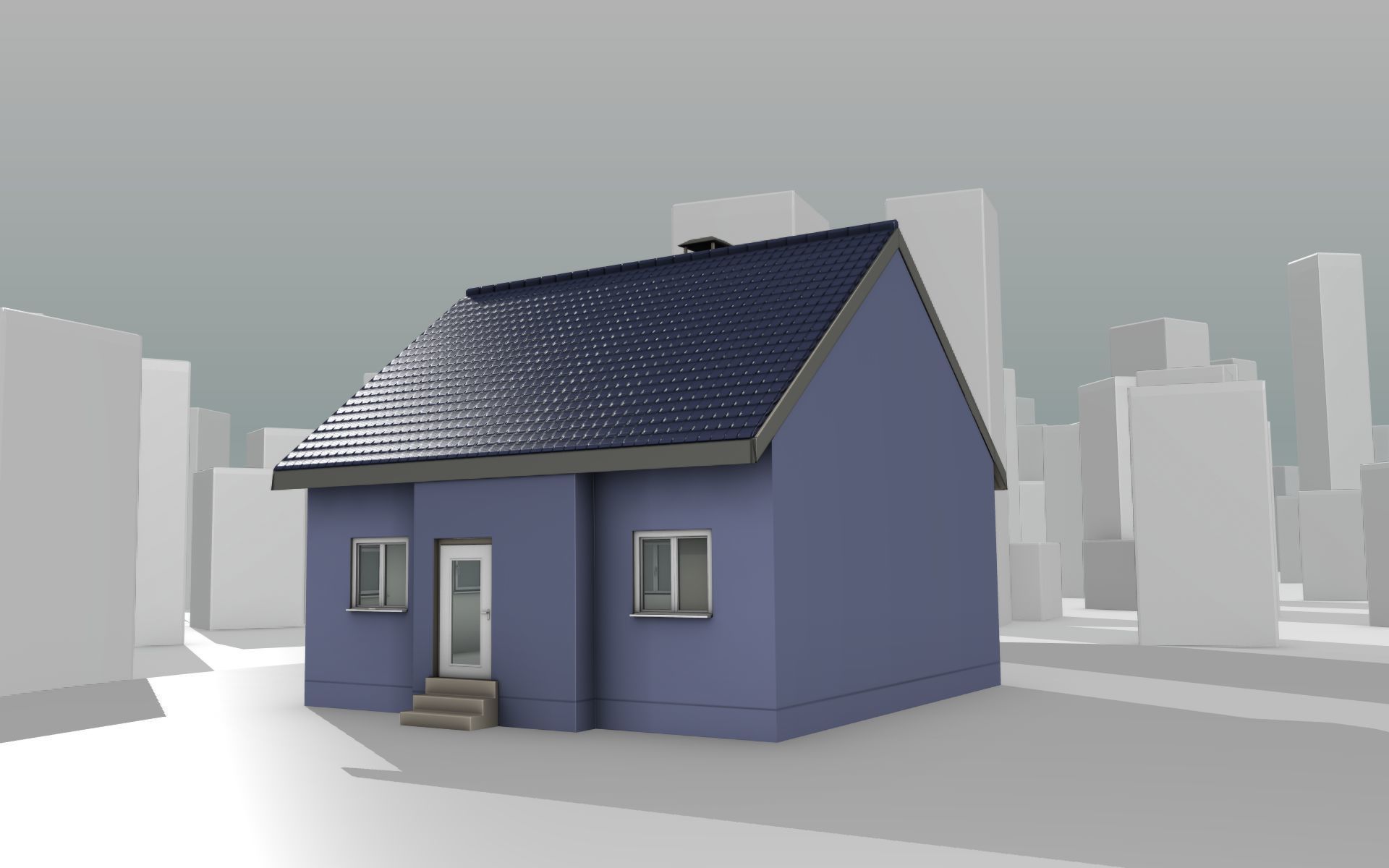 City House -18- Half-Double-House - Roof blue- Wall blue Low-poly 3D model_12