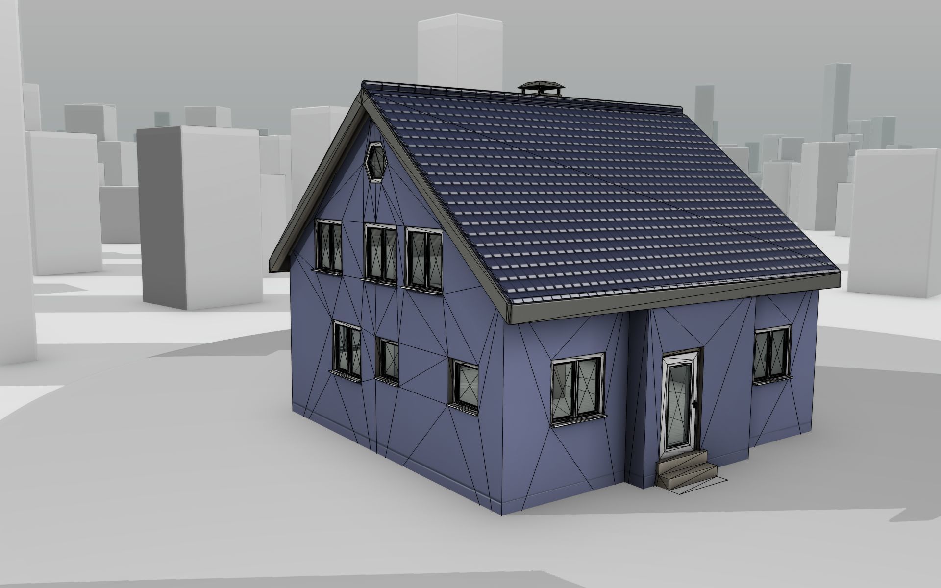 City House -18- Half-Double-House - Roof blue- Wall blue Low-poly 3D model_18