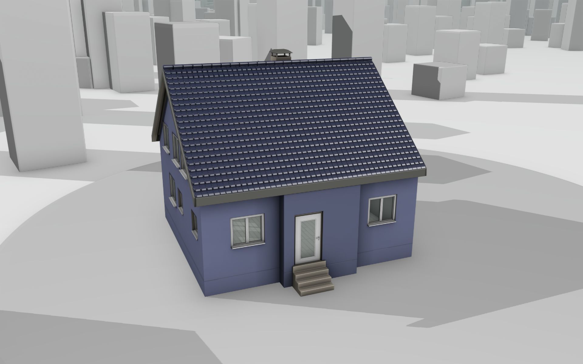 City House -18- Half-Double-House - Roof blue- Wall blue Low-poly 3D model_31