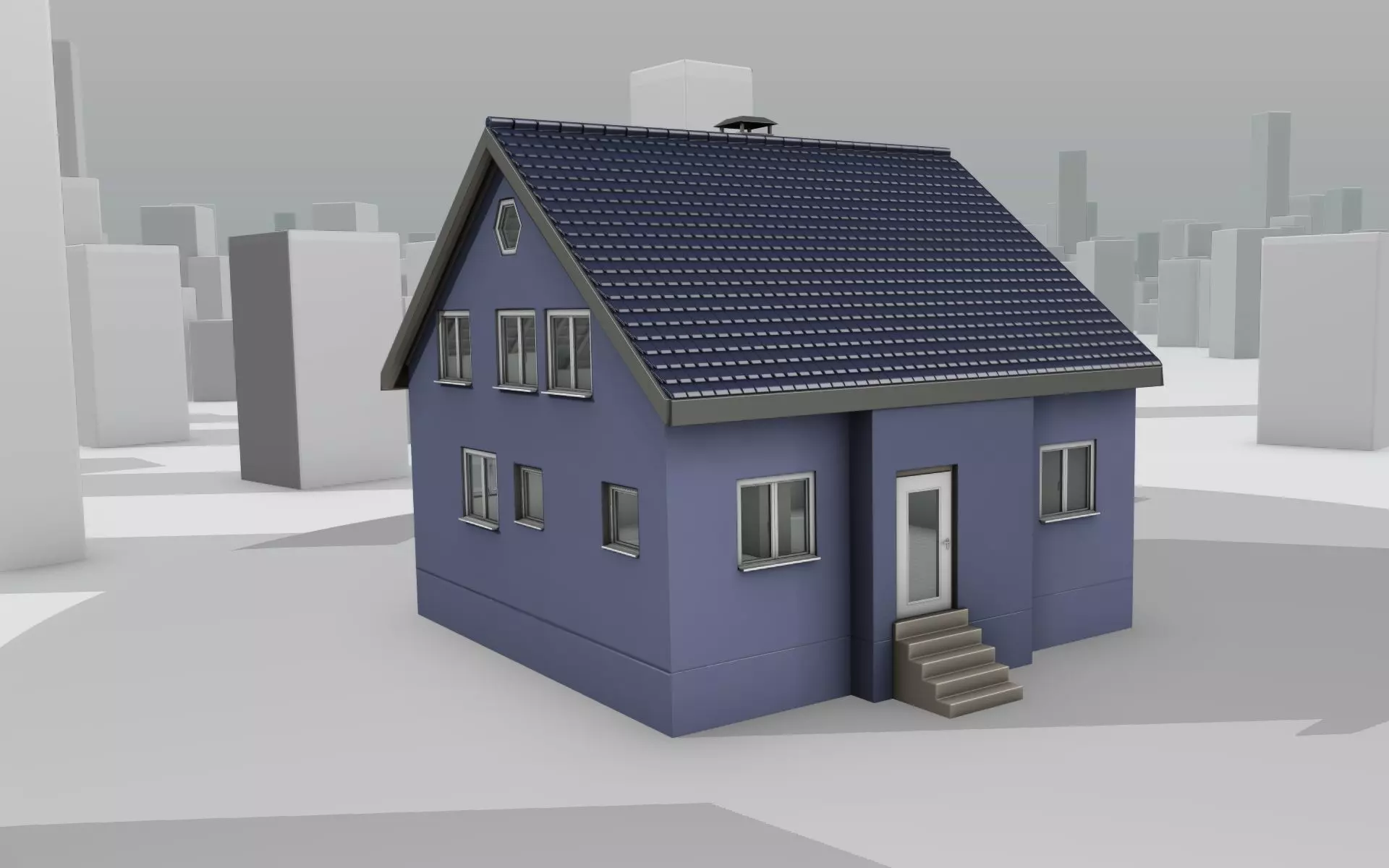 City House -18- Half-Double-House - Roof blue- Wall blue Low-poly 3D model_0