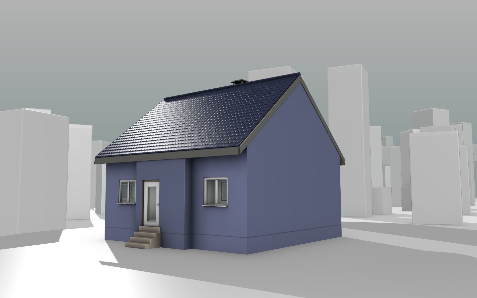 City House -18- Half-Double-House - Roof blue- Wall blue Low-poly 3D model_11