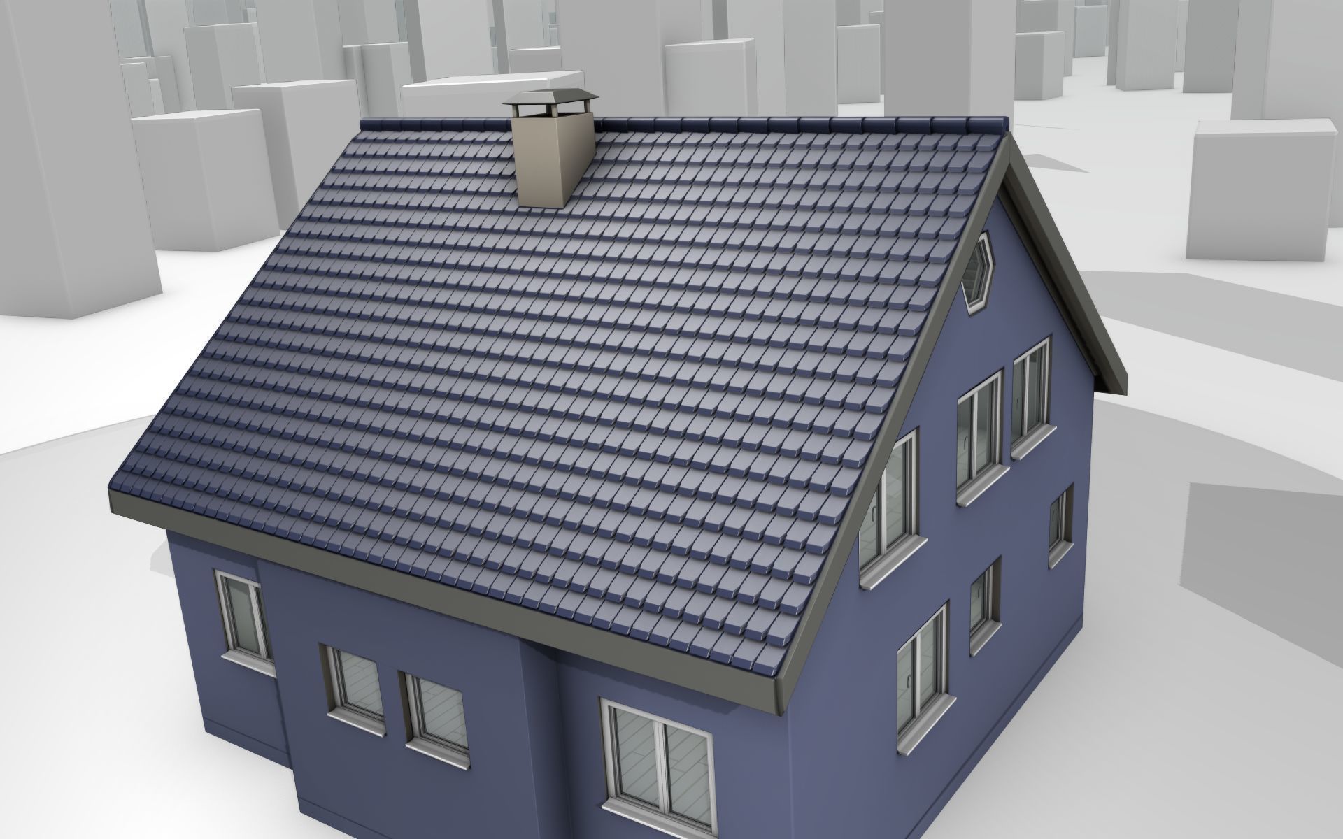 City House -18- Half-Double-House - Roof blue- Wall blue Low-poly 3D model_40
