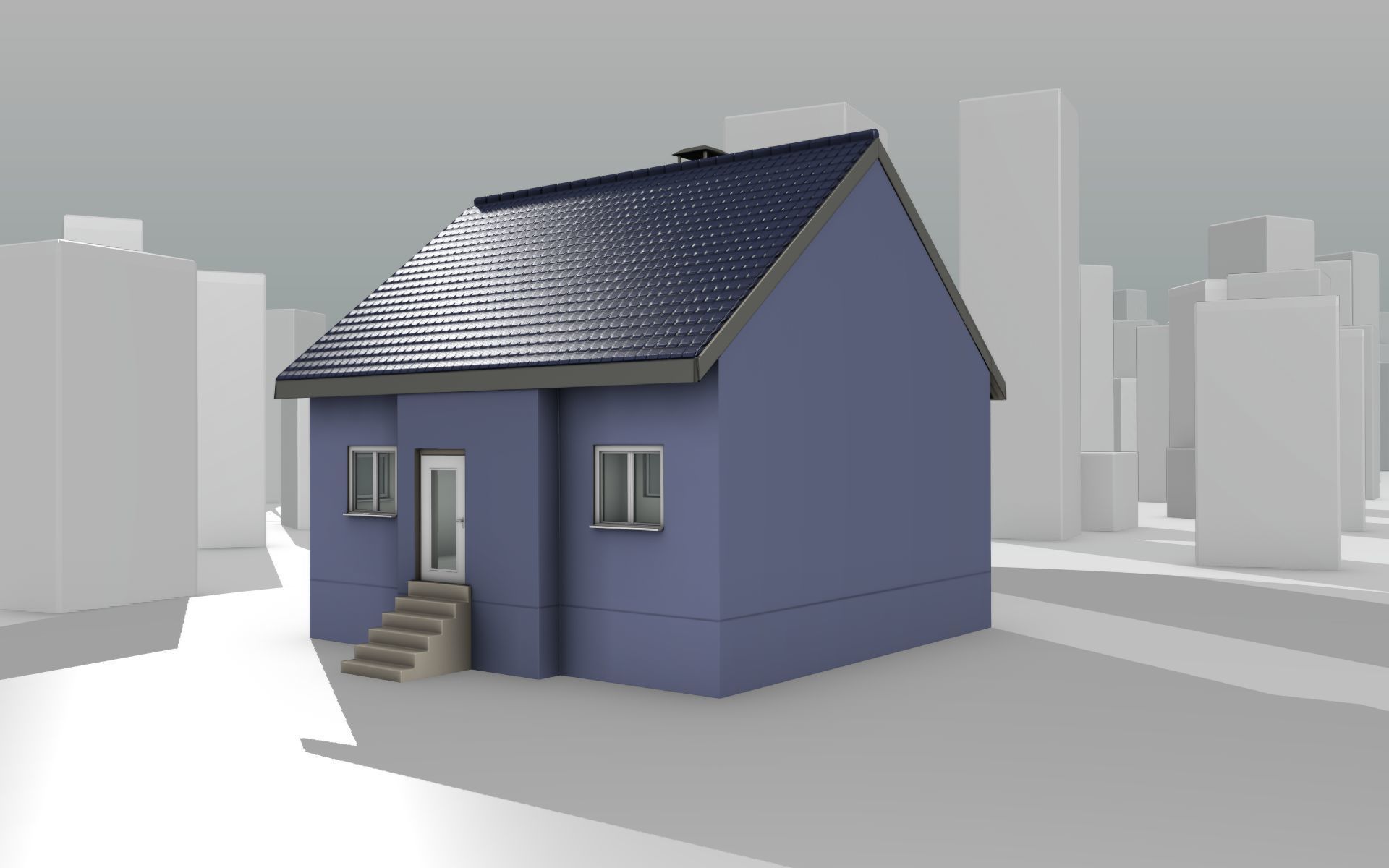 City House -18- Half-Double-House - Roof blue- Wall blue Low-poly 3D model_9