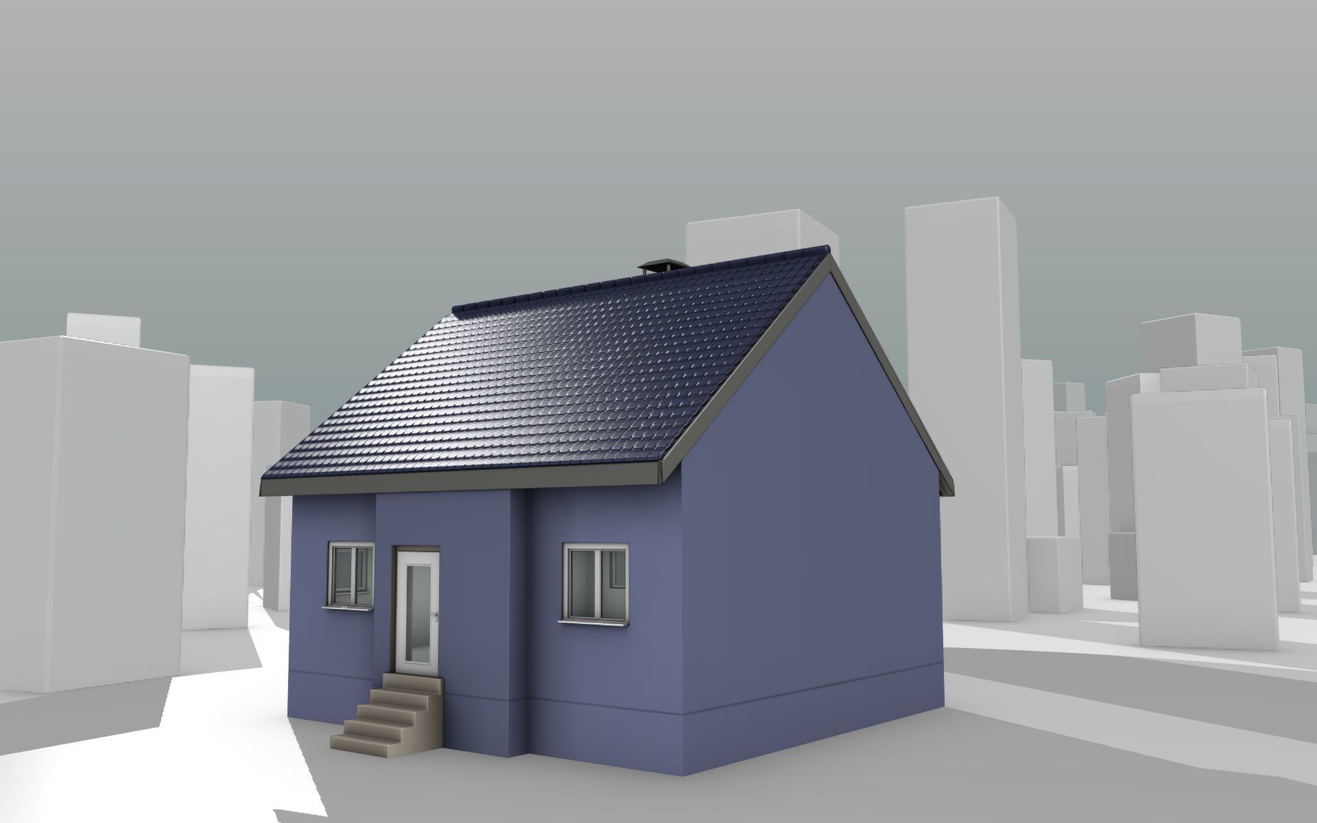 City House -18- Half-Double-House - Roof blue- Wall blue Low-poly 3D model_10